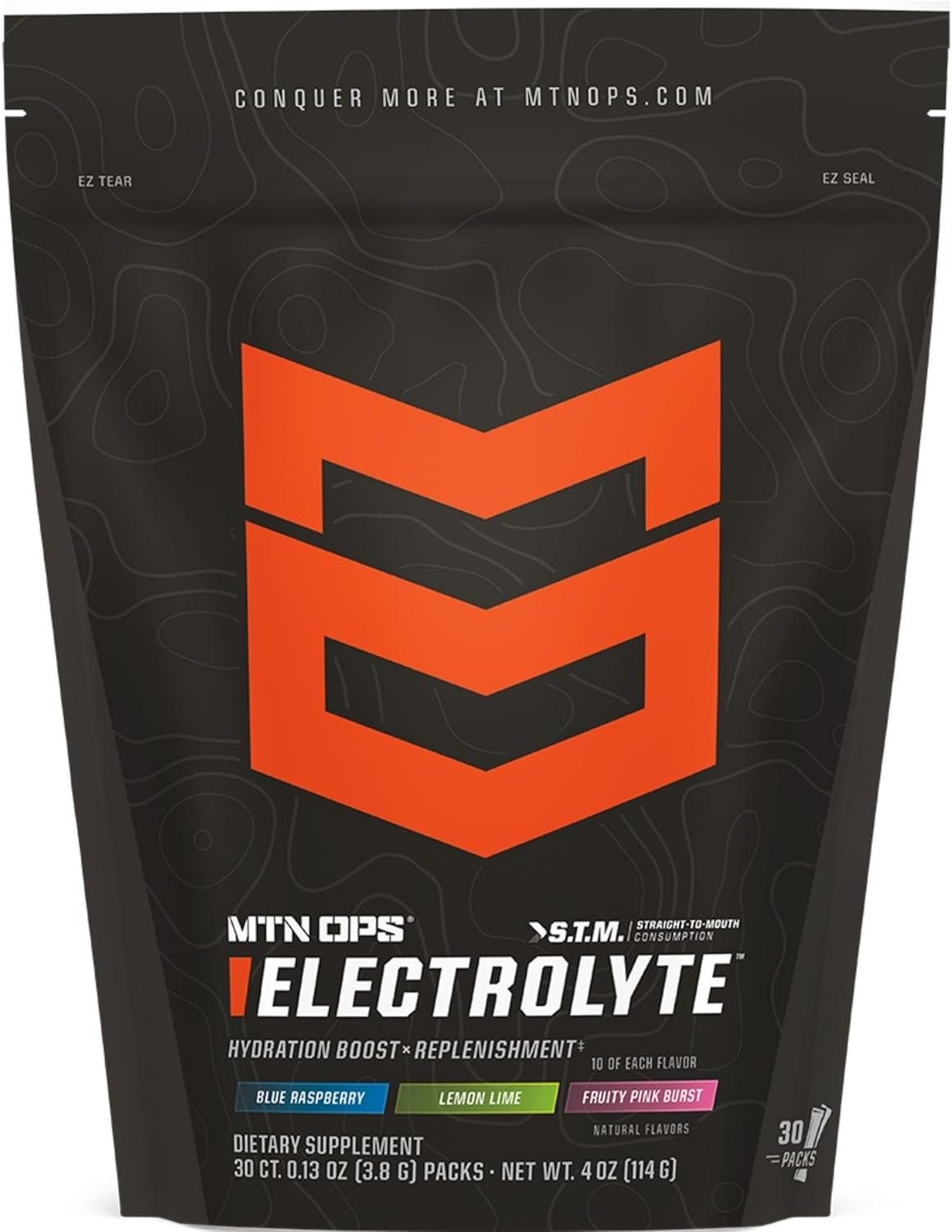 MTN OPS Electrolytes Powder Packets, Sugar Free Hydration Packets, Gluten-Free Hydration Powder, Electrolyte Packets STM “Straight to Mouth” – Variety Pack of 3 Flavors, 30 Packs