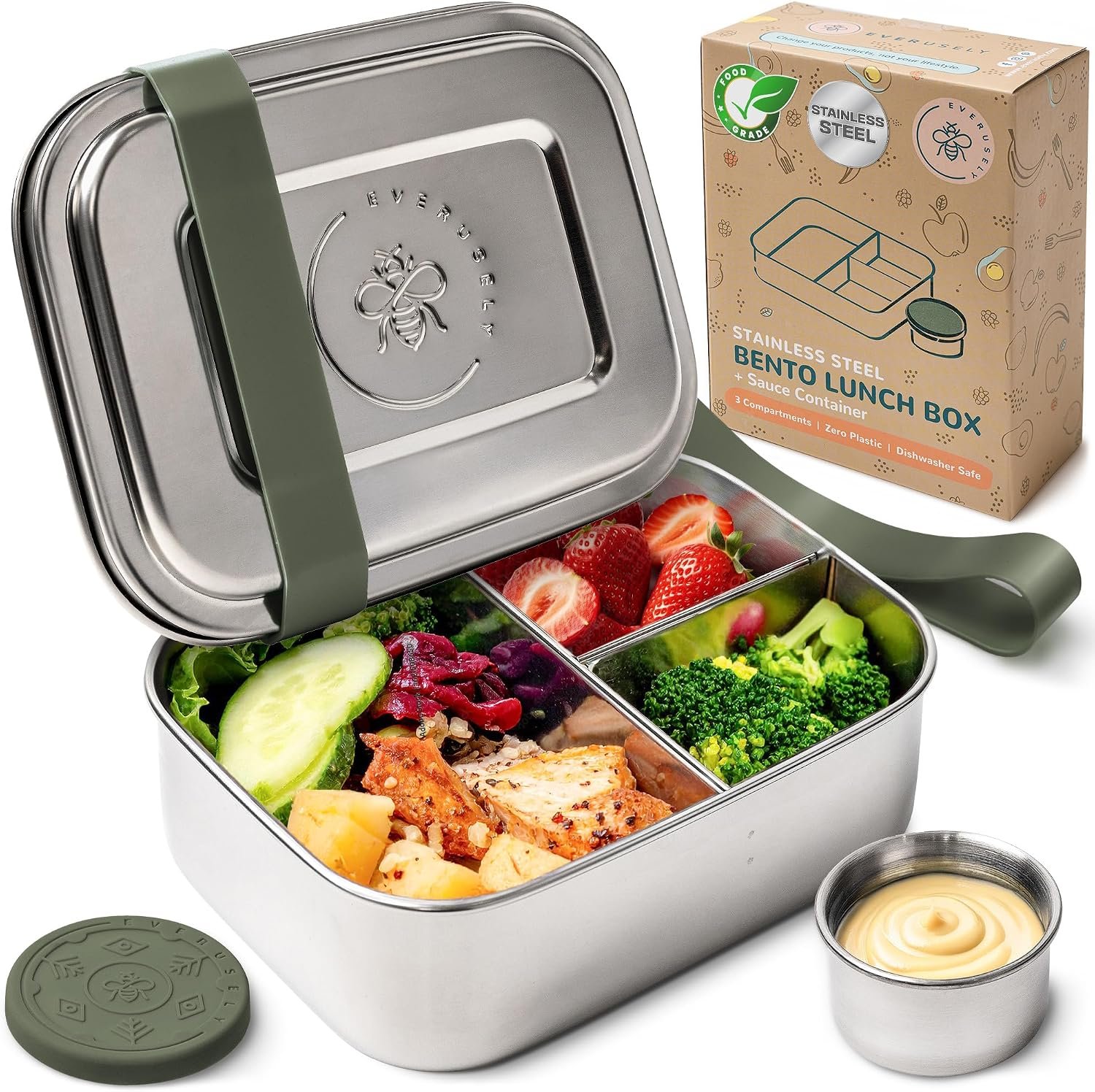 Everusely – Bento Box – Sage, 27oz / 0.8 L – Stainless Steel Lunch Box with Leakproof Condiment Container – 3 Compartment Snack Organizer for On the Go Meals – Freezer & Dishwasher Safe