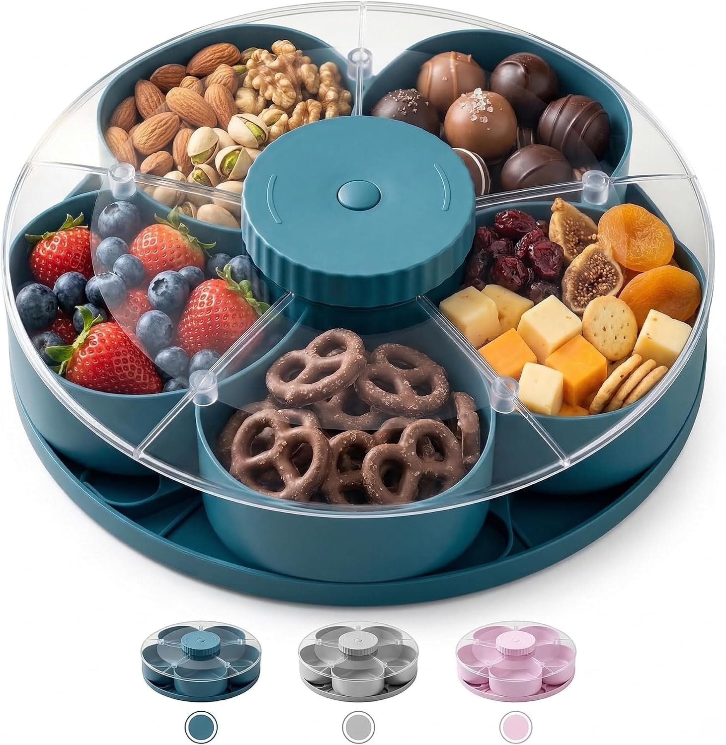 Multi-Compartment Rotating Snack Container with Clear Lid – Dust-Proof Divided Snack Tray for Parties & Picnics, Portable Lazy Susan Food Organizer, Covered Travel Snack Box (Blue)