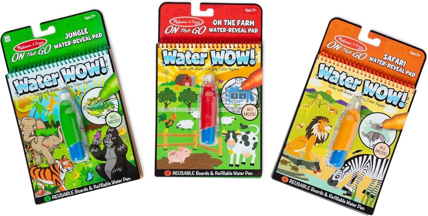 Melissa & Doug On the Go Water Wow! Reusable Color with Water Activity Pad 3-Pack, Jungle, Safari, Farm – FSC Certified