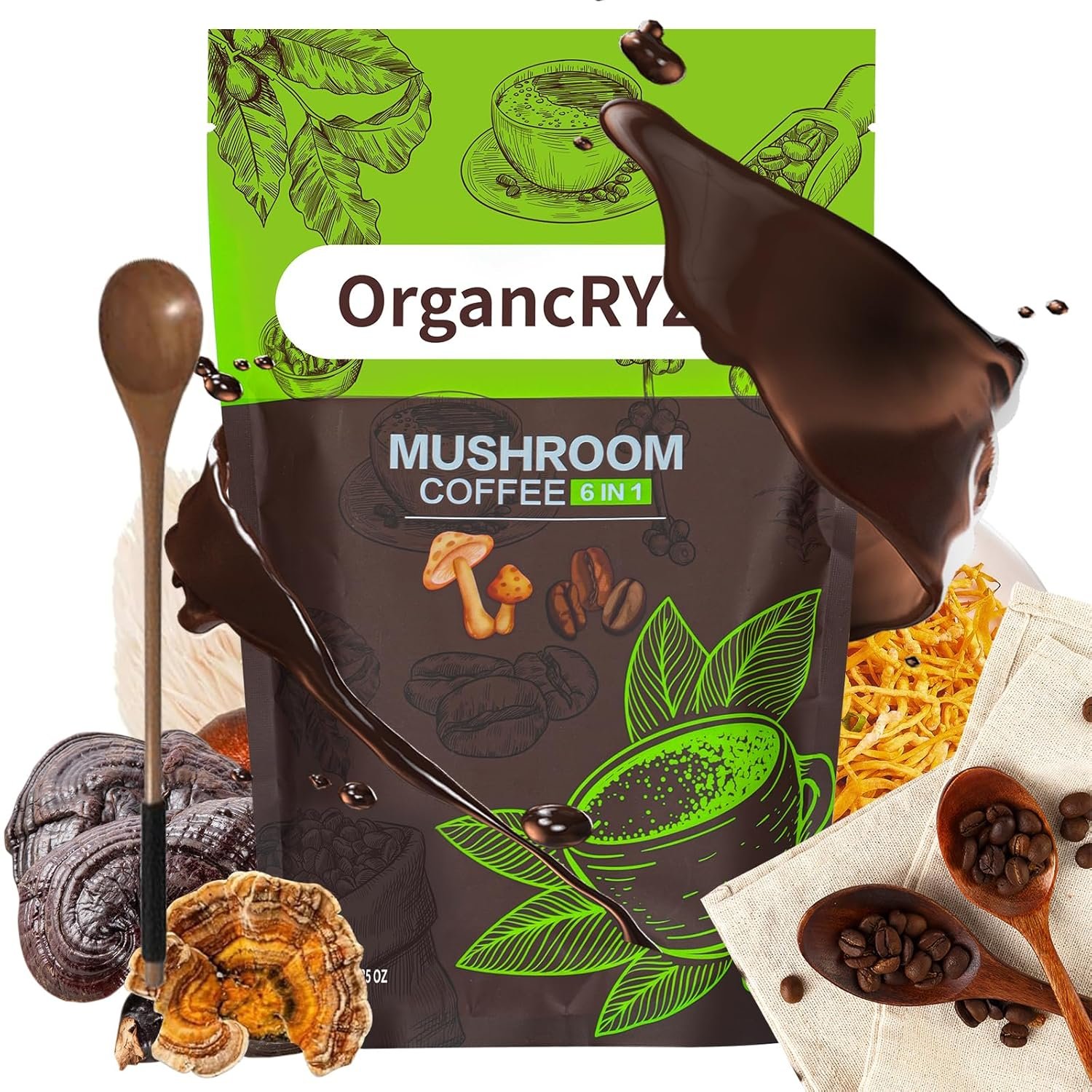 Mushroom Coffee, Organic Mushroom Coffee, Instant Coffee Powder with Lion’s Mane, Reishi, Cordyceps, Shiitake, King Trumpet, and Turkey Tail Mushrooms, 30 Servings 1 Pack