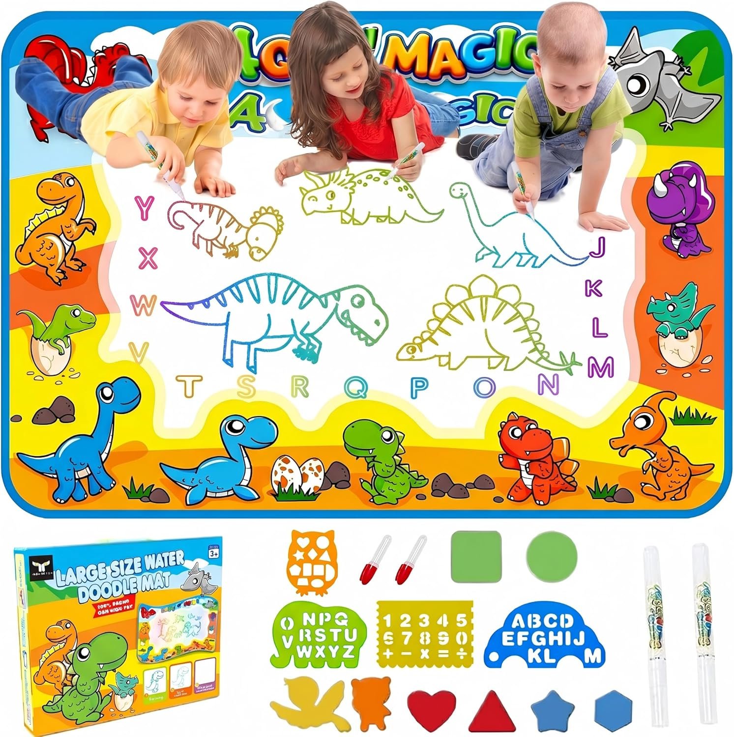 Water Doodle Mat for Toddlers 1-3: Mess-Free Coloring Toy,Dries in 5-10 Mins for Endless Play,Dinosaur Reusable Aqua Painting Board Toddler Toys,Birthday Gifts for 1-3 Year Old Boy