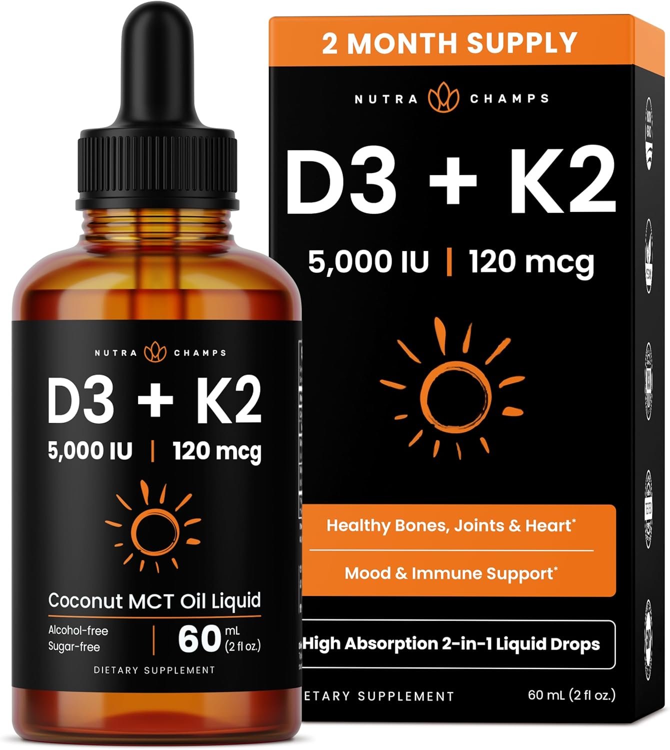NutraChamps Vitamin D3 K2 Drops, Liquid Vitamin D3 5000 IU & K2 D3 with MK7, Vitamin D Drops for Kids, Bones, Heart & Immune Health, Liquid Vitamin D in MCT Oil for Better Absorption