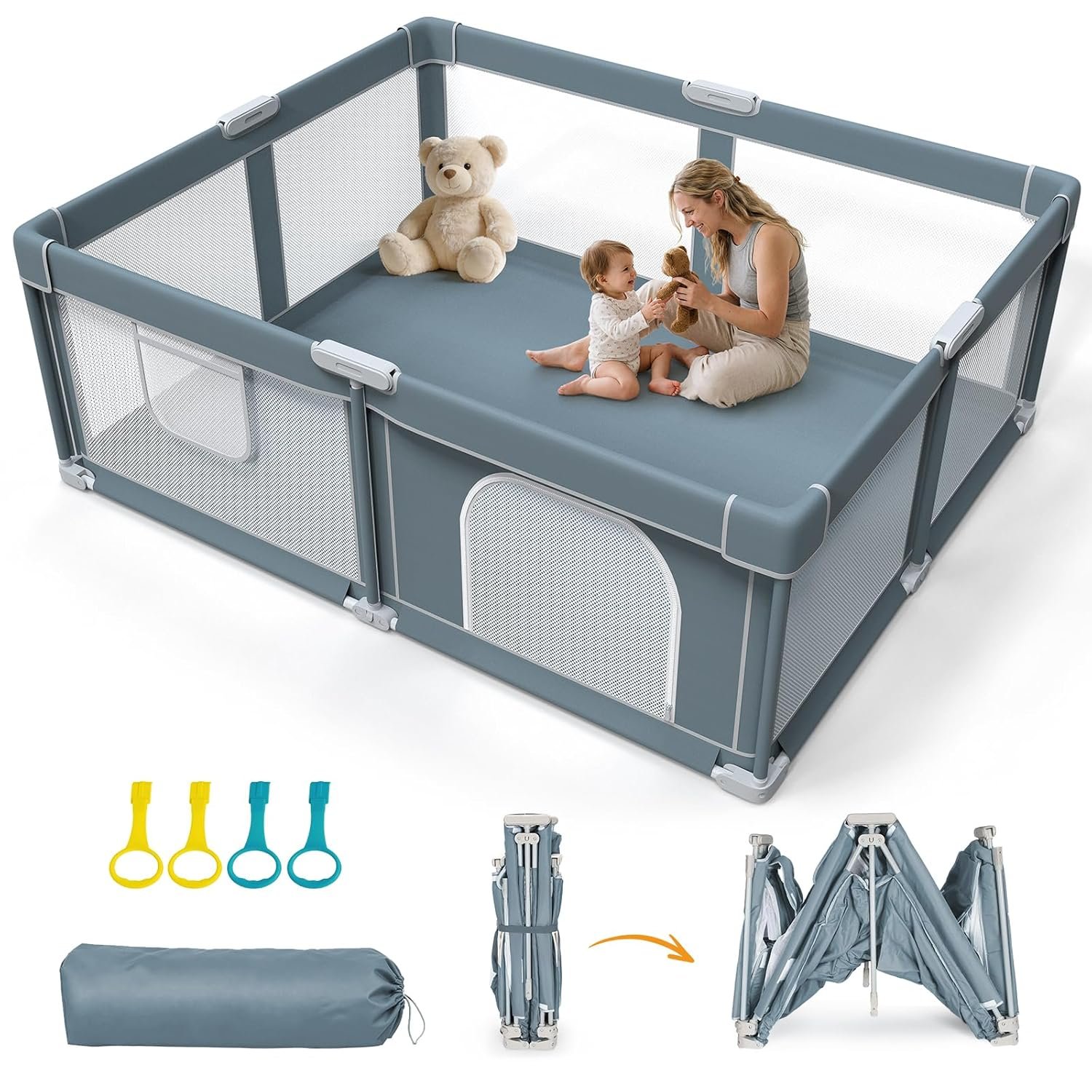 Foldable Baby Playpen – 71″×59″ Collapsible Play Pen for Babies and Toddlers – Indoor Outdoor Foldable Play Yard with 4 Handles – Folding Baby Playpen with Bag Portable Travel Play Yard