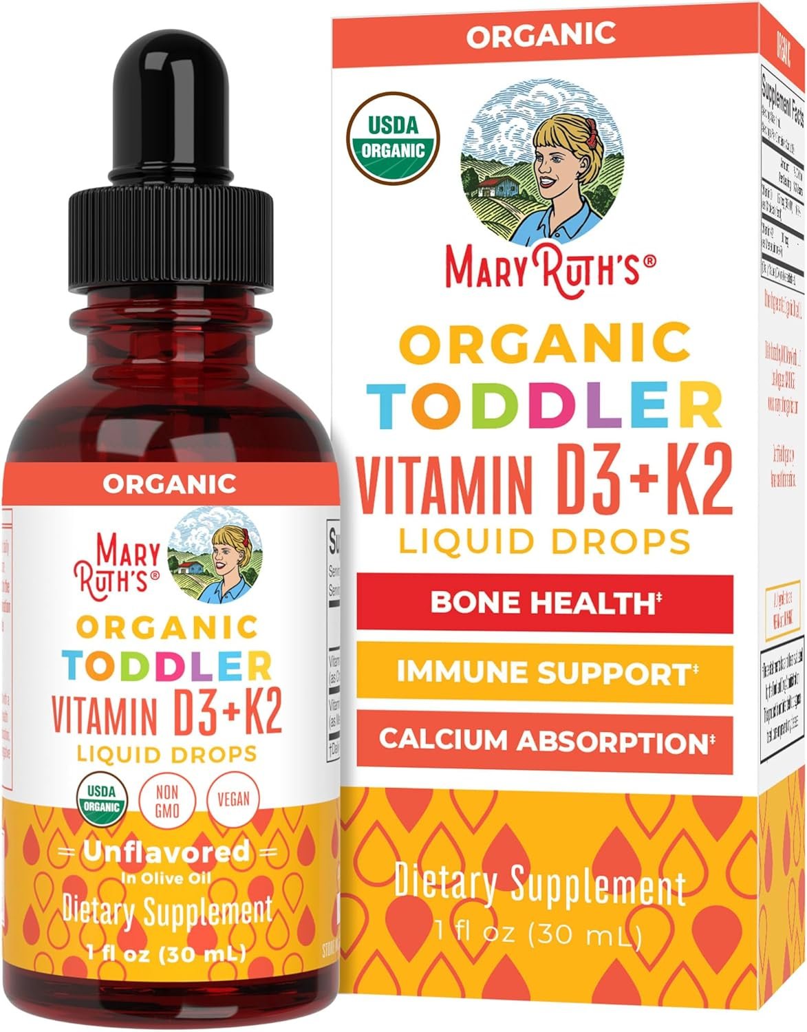 MARYRUTH’S Organics Vitamin D3 | Vitamin K2 | Vitamin D3 K2 Drops | K2 D3 Vitamin Liquid Supplement for Toddlers | Kids Supplement for Calcium Absorption Strong Bones | Vegan | Gluten Free | 1 Fl Oz