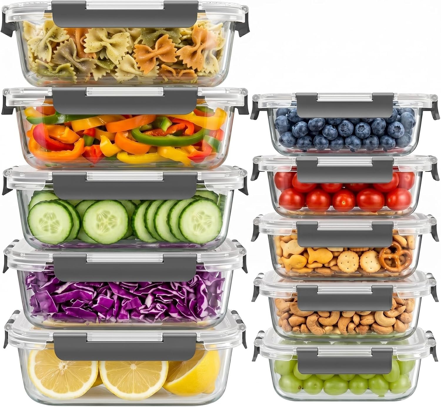 Dealusy 10 Sets (20-Piece) 4.5 Cup & 1.5 Cup Glass Food Storage Containers with lids, Airtight Leak-proof Glass Meal Prep Containers with Lids, Microwave Oven Freezer Dishwasher Safe, Gray