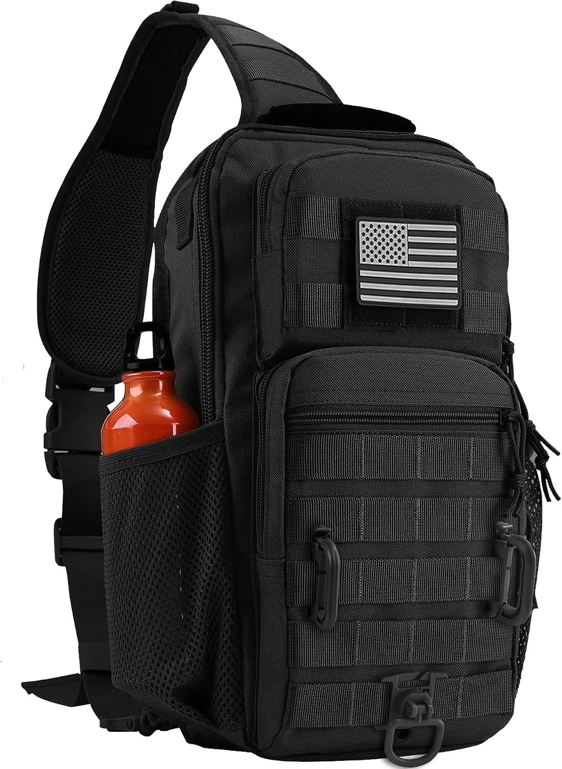 Rover Sling Pack Tactical Shoulder Sling Bag Backpack with Bottle Holder Crossbody Chest Bag, Black with Grey Patch