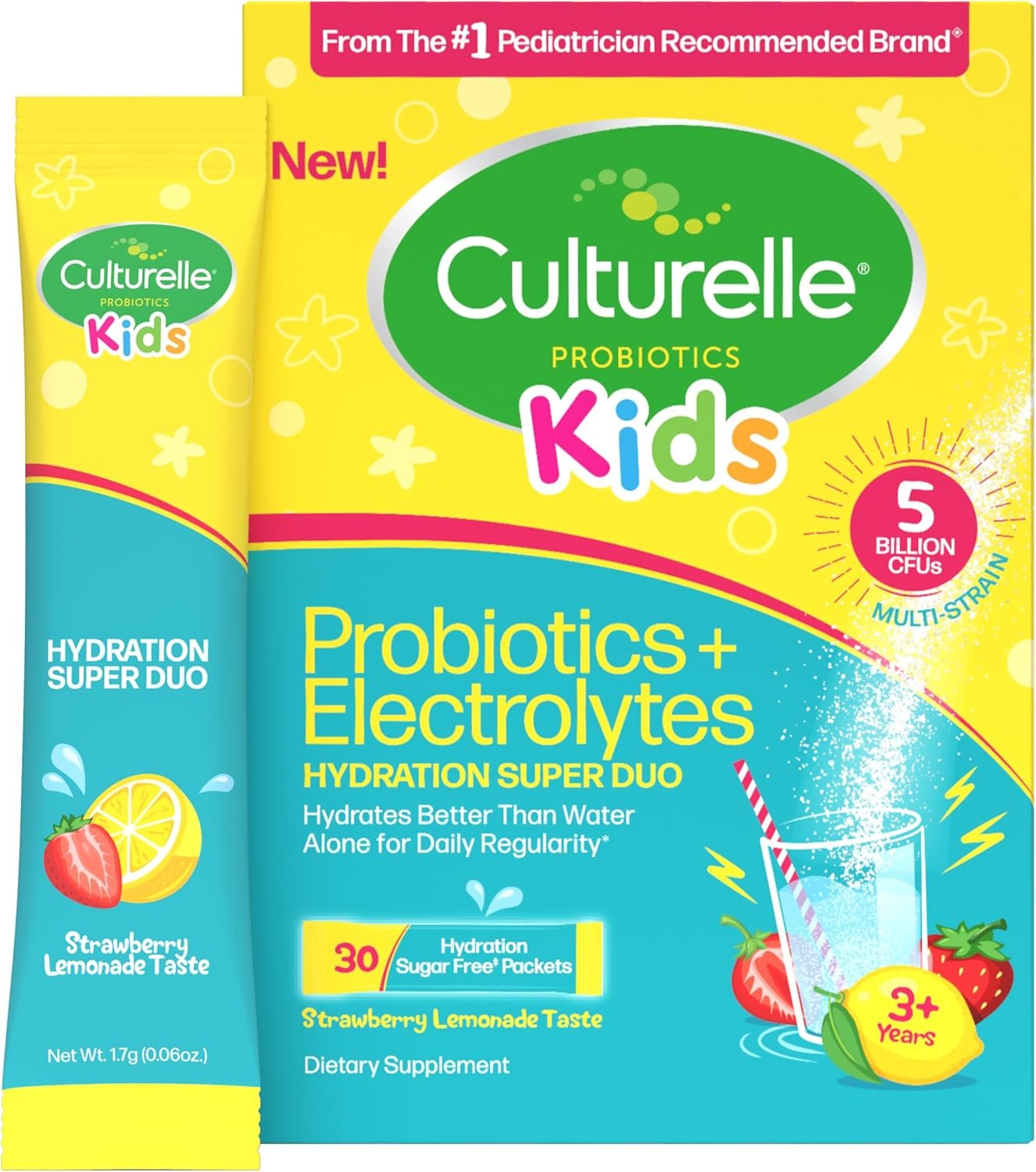 Culturelle® Kids Probiotics and Electrolytes Hydration Super Duo, Strawberry Lemonade, Sugar Free‡ Powder Packets for Immune and Digestive Support, 30 Count