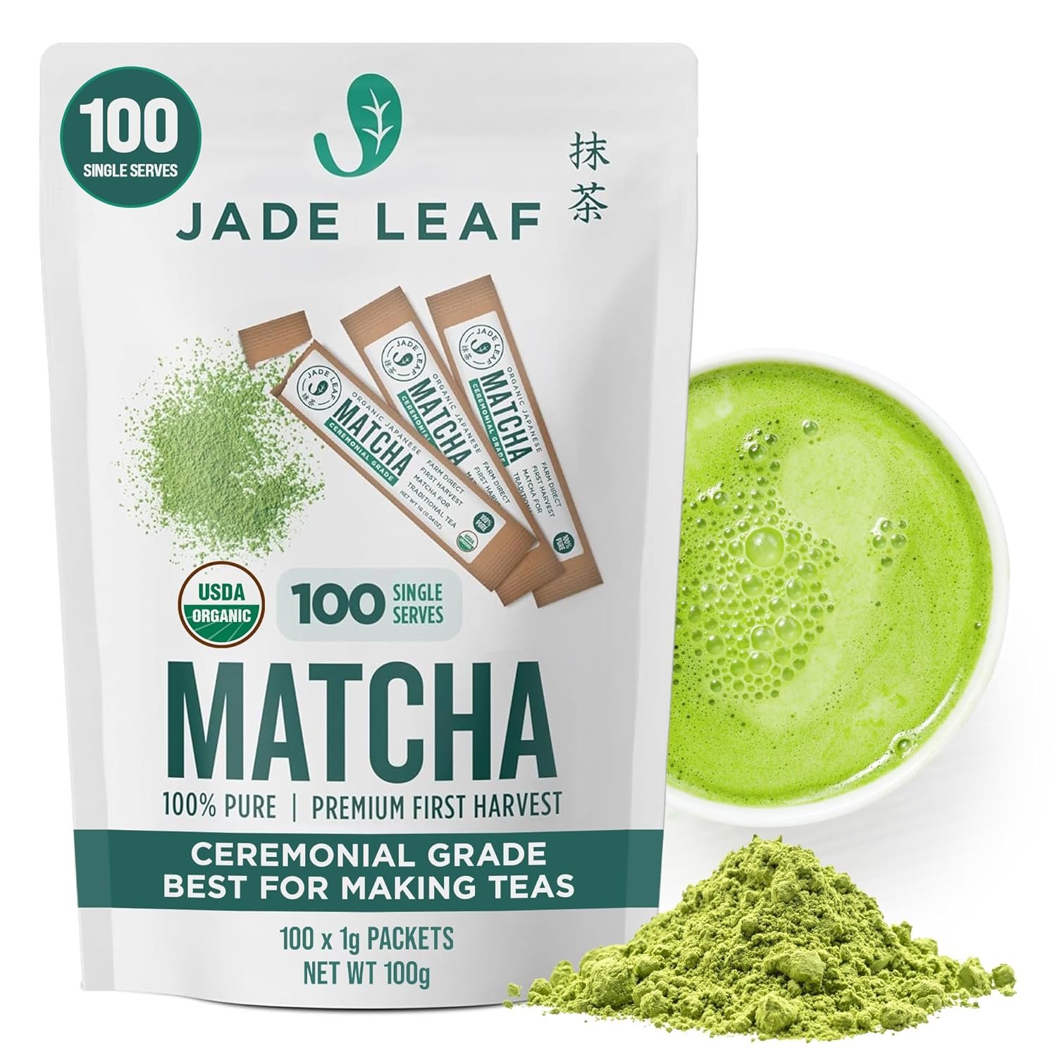Jade Leaf Matcha Organic Ceremonial Grade Matcha Powder – On The Go Packets For Lattes, Smoothies, Usucha, 100 Count (0.04 Ounce Packets)
