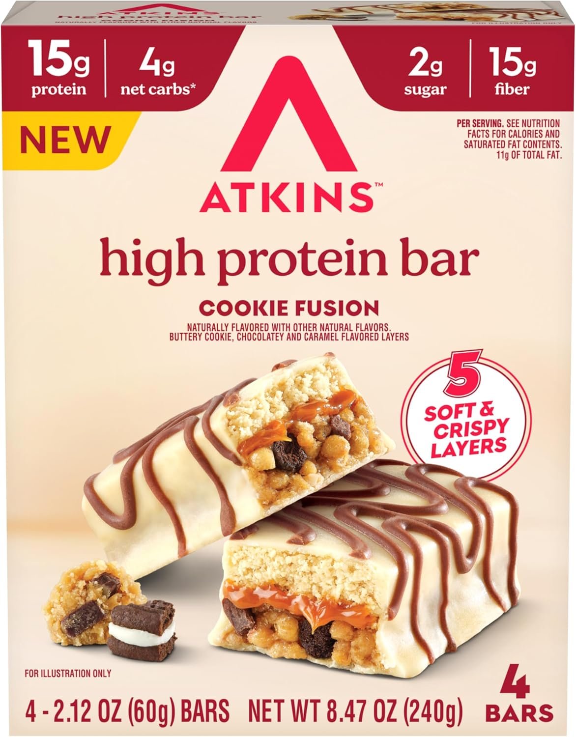 Atkins High Protein Bars, Cookie Fusion Flavor, 15g of Protein, 4g Net Carbs, Keto Protein Bars, Low Sugar, 4 Count