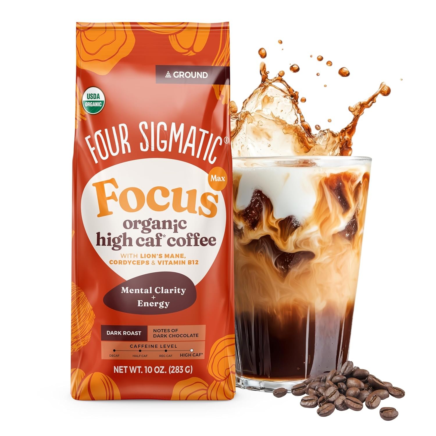Four Sigmatic Focus Max High Caffeine Cordyceps Coffee | Organic Dark Roast High Caffeine Ground Coffee with Cordyceps, Lion’s Mane and B12 | Energy Booster Without the Jitters | 10oz Bag
