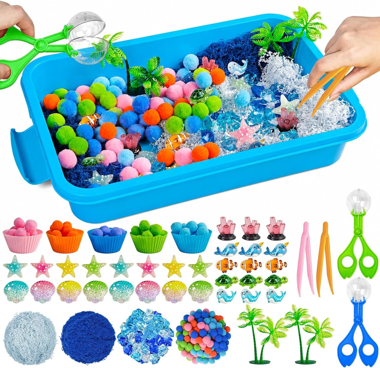 Cinrobiye 170 Pcs Ocean Animals Sensory Bin Fillers Set with Storage Box, Under The Sea Sensory Bin Toys with Tools, Pompoms, Sea Animals, Sorting Cups for Fine Motor Skills, Classroom Activities