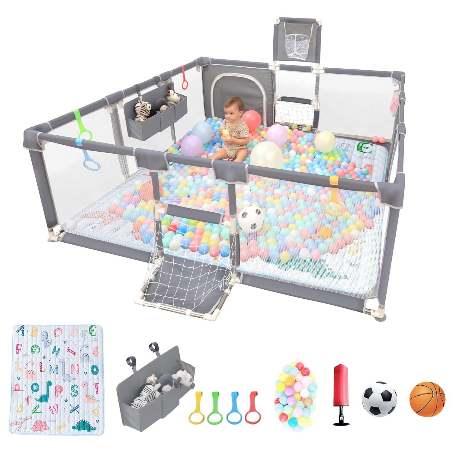 Playpen for Babies and Toddlers,73″x71″Baby Playpen with Mat Indoor＆Outdoor with Breathable Play Pen with Ocean Balls Hanging Pocket Basketball Hoop and Football Goal (Grey with Mat, 73″x71″)