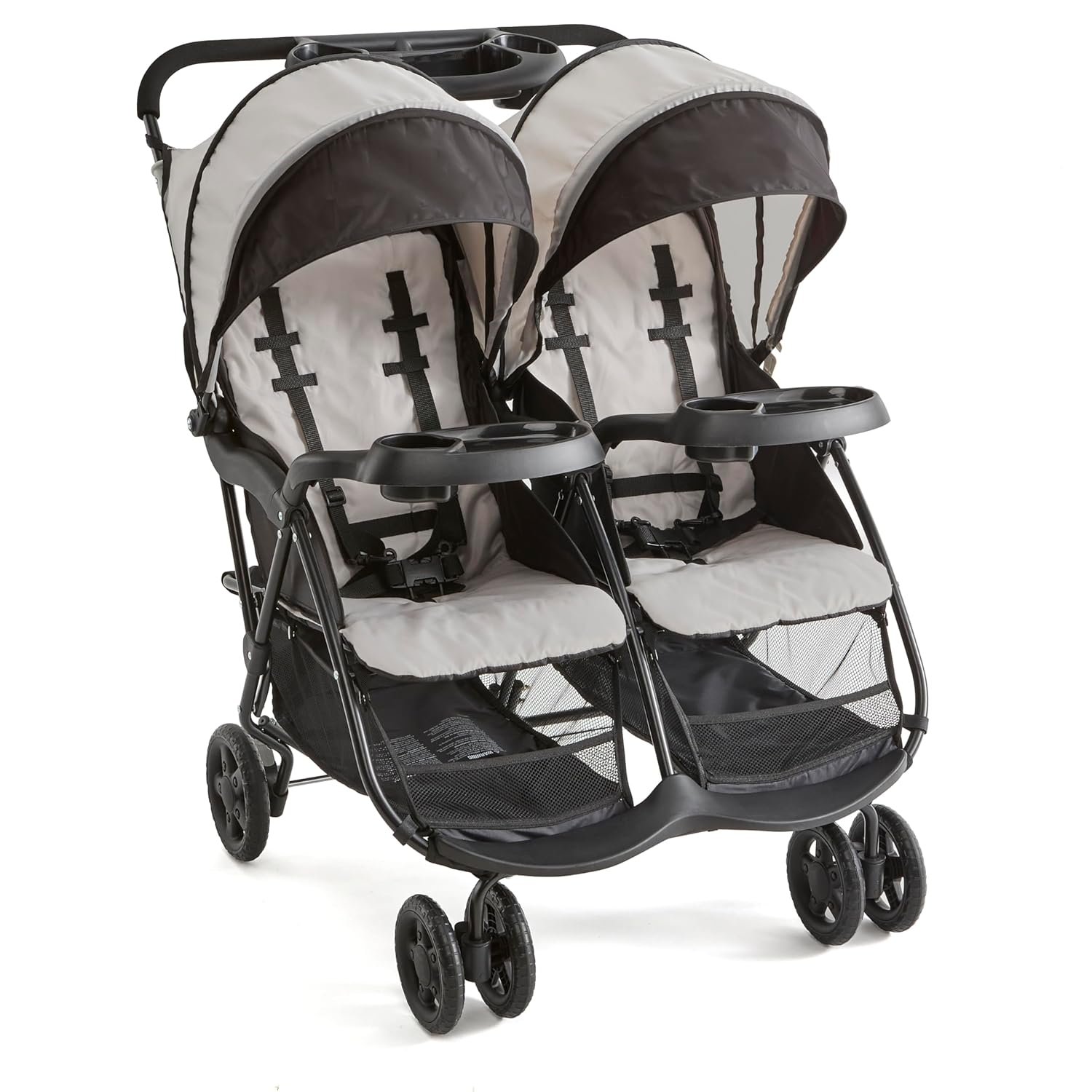Kolcraft Cloud Plus Lightweight Double Stroller Side-by-Side for Infant Toddler, Compact Folding Travel System with Reclining Seats, Canopies, Storage Basket, Trays, Easy Maneuver – Slate Gray