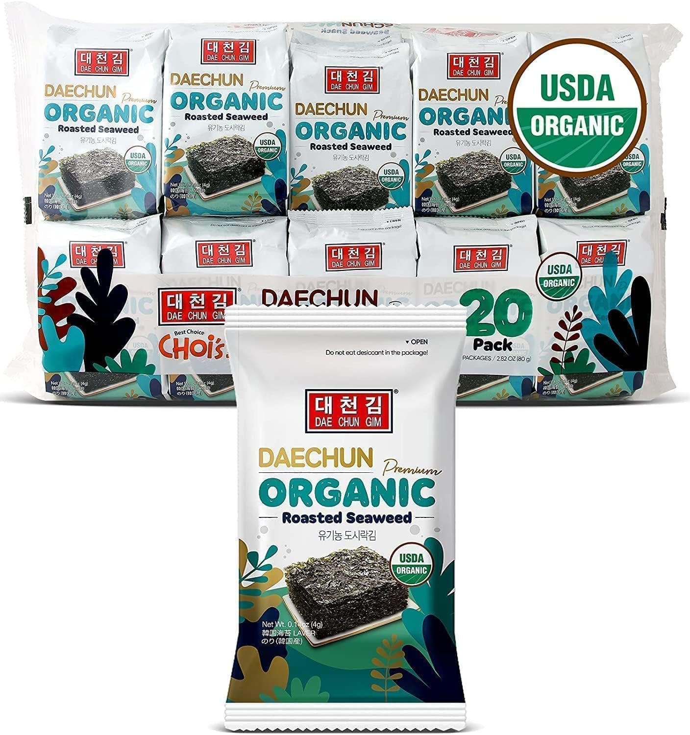 Organic DAECHUN(Choi’s1) Seaweed Snacks, 20 Pack, Original, Product of Korea Premium Great