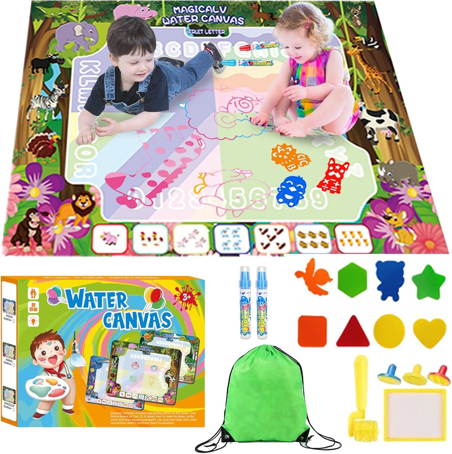 Water Doodle Mat – Magic Water Drawing Mat with Stamps, Roller & Backpack Big Enough Space for 2-3 Kids to Draw Together | No Mess Travel Toy Gift for 3 4 5 6 7 8 Year Old Girls Boys