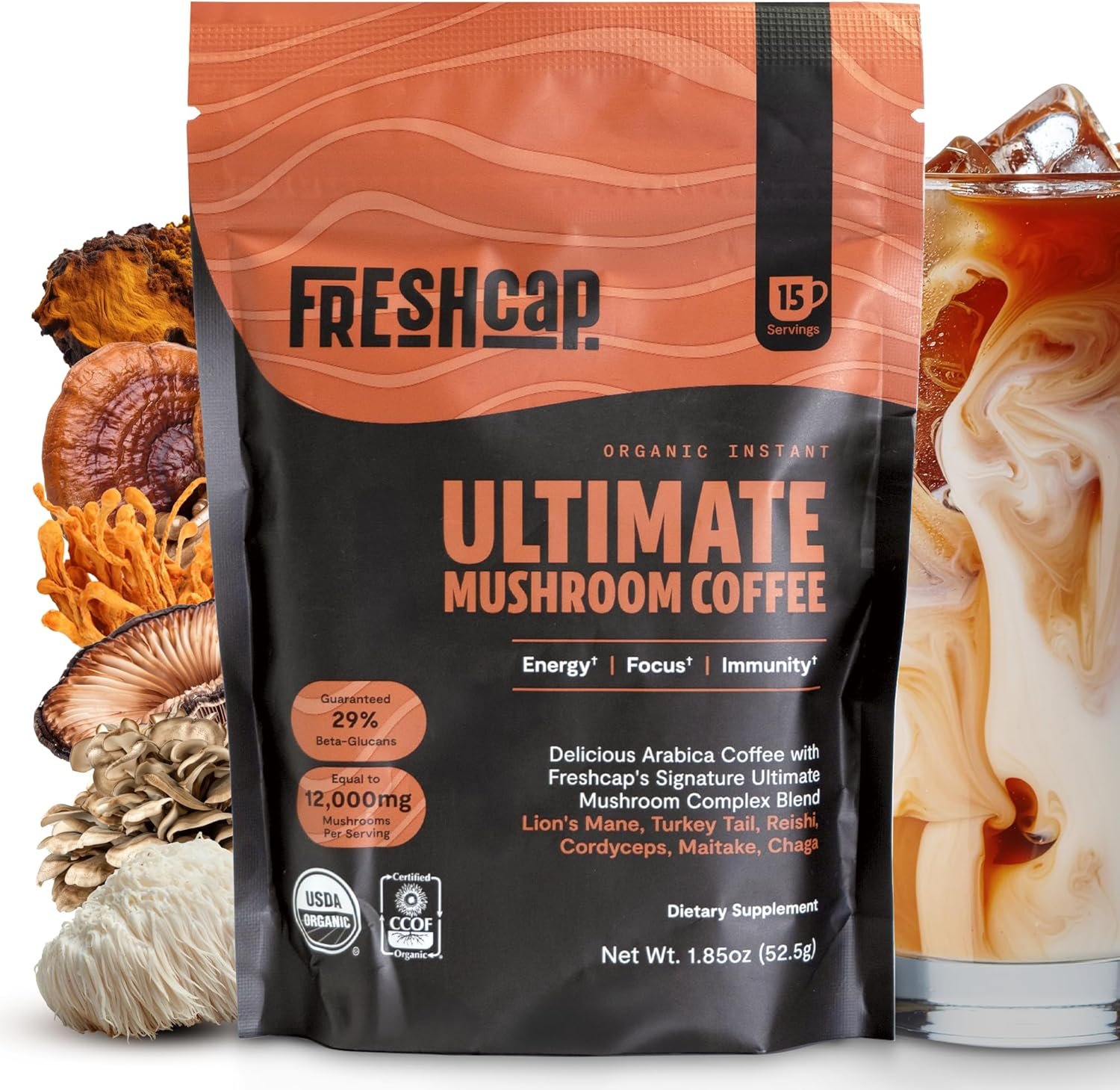 FreshCap Mushrooms Premium Organic Mushroom Coffee – 12:1 Fruiting Body Extract – 29% Beta-Glucans – Smooth Tasting, 3rd-Party Tested for Clean Energy, No Jitters, Focus, Immune Support (15 Servings)