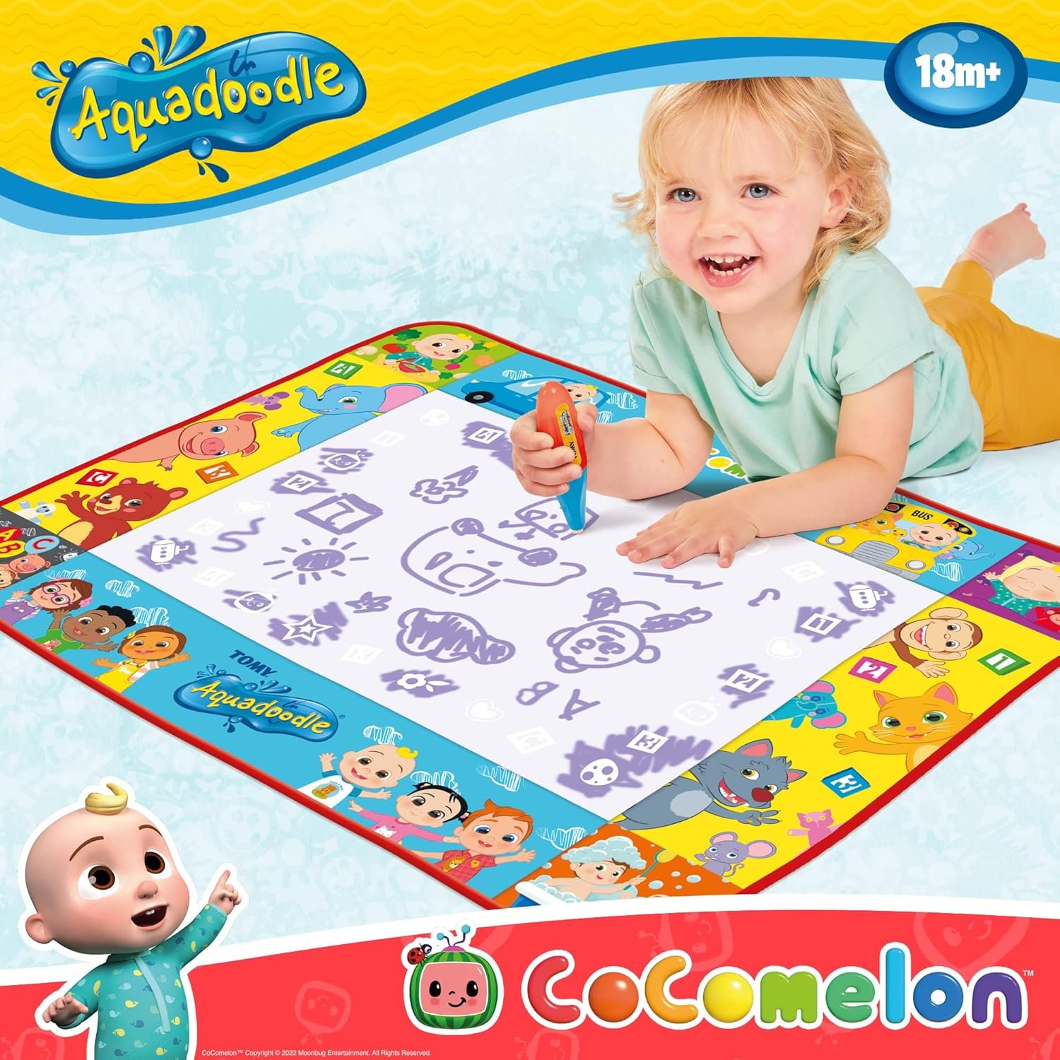 Aquadoodle Cocomelon Official Tomy No Mess Doodle Mat Colouring and Drawing Game, Suitable for Boys and Girls Aged 18 Months+, Multicolor (E73454)