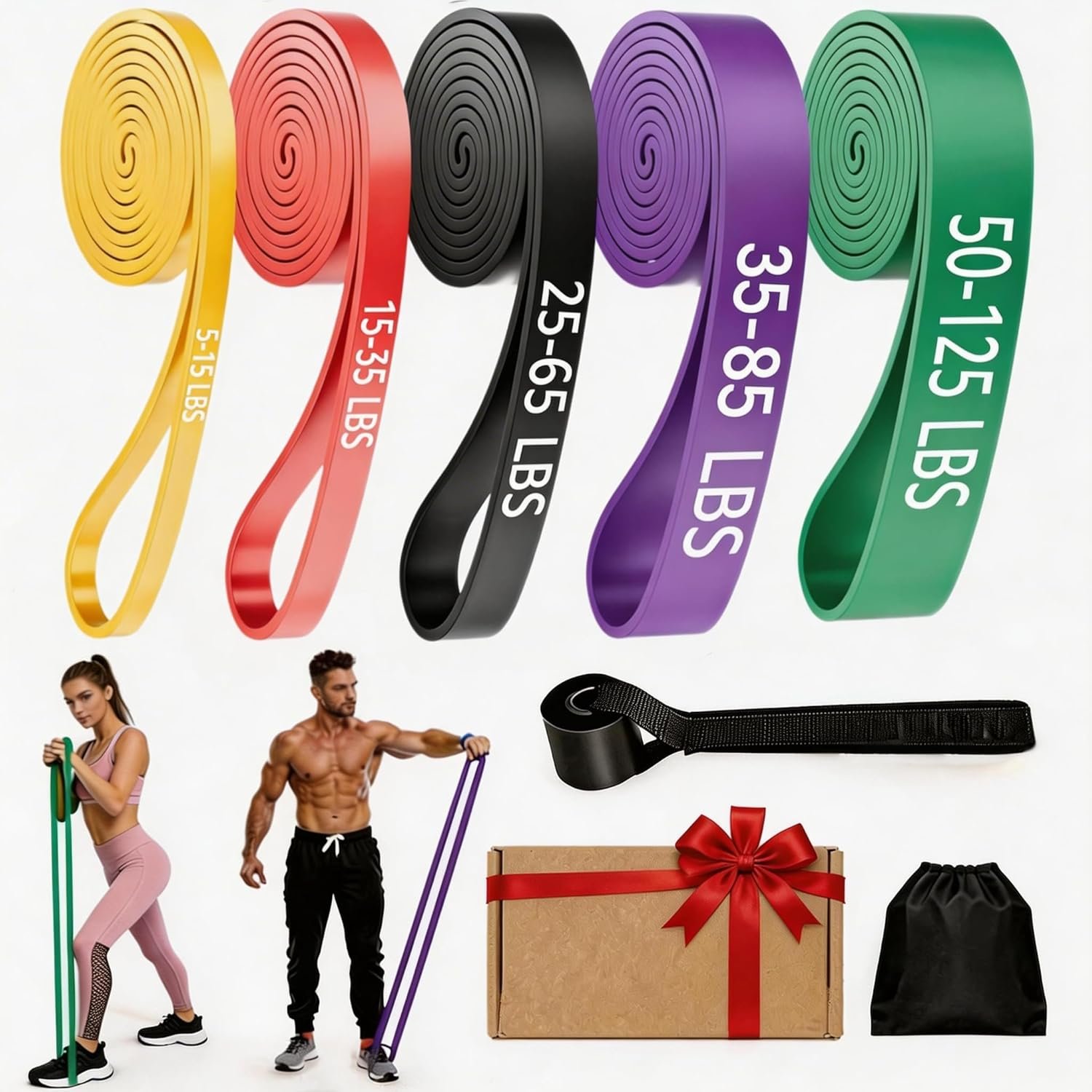 Resistance Bands, 5 Levels Exercise Bands for Men Women, Upgraded Tear Resistant Workout Band with Door Anchor,Body Stretching,Physical Therapy,Muscle Training, Pull Up Assistance Band for Working Out