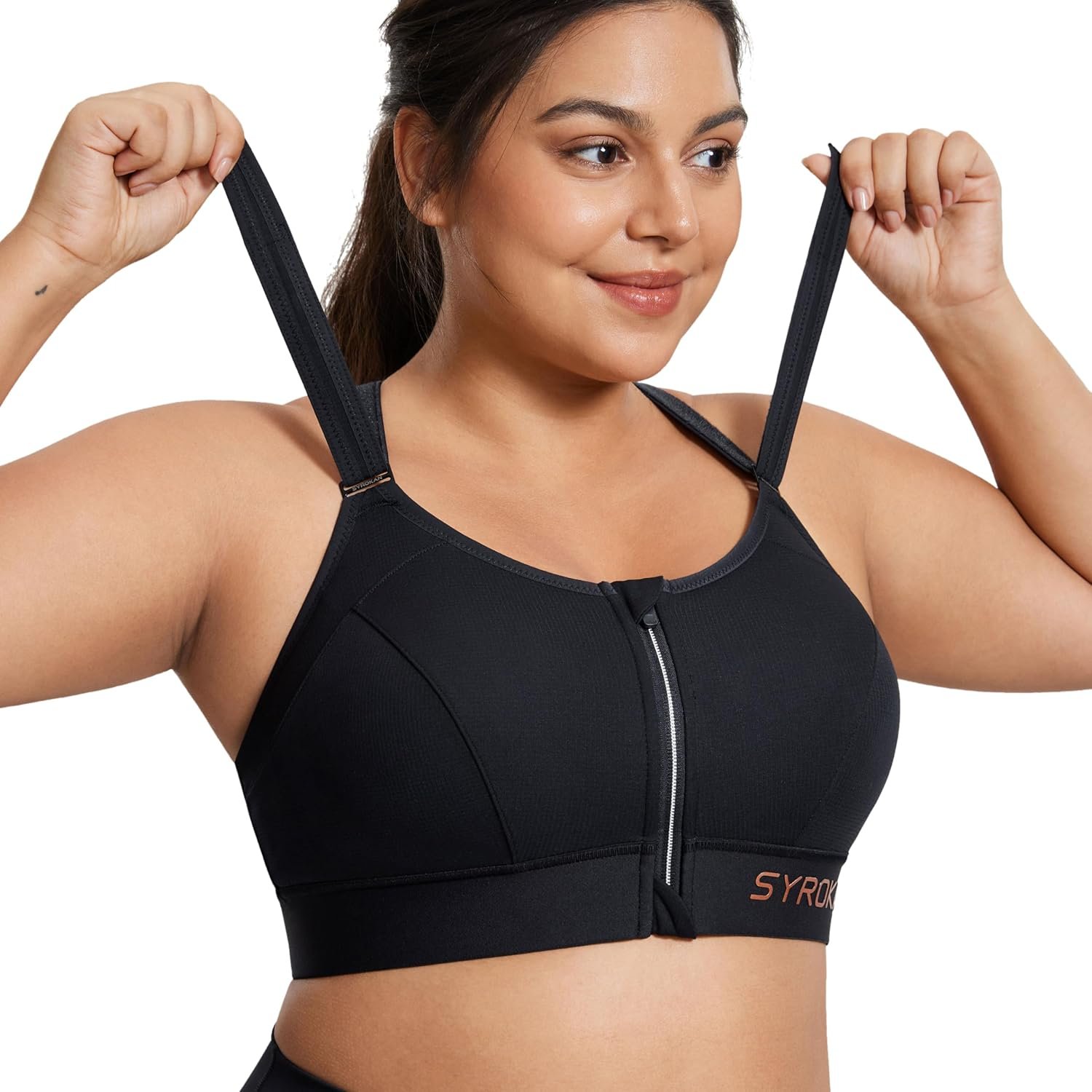 SYROKAN Womens’ Sports Bra High Impact Support Zip Front Adjustable Large Bust Racerback Wirefree Padded