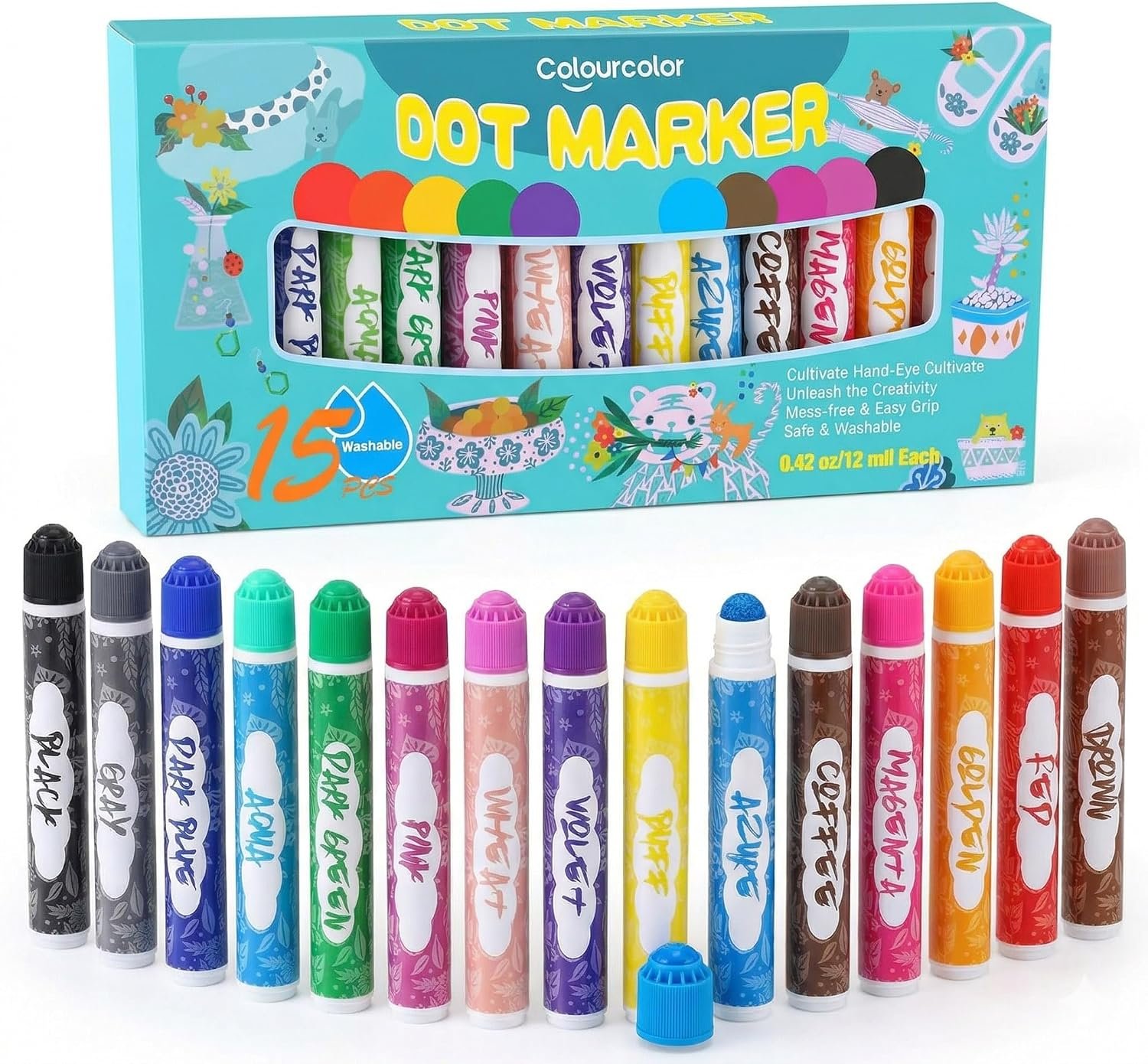 Colourcolor 15 Colors Dot Markers, Washable Markers Pens for Toddlers, Bingo Daubers Supplies Kids Preschool Children, Non Toxic Water-Based Art Drawing Paint