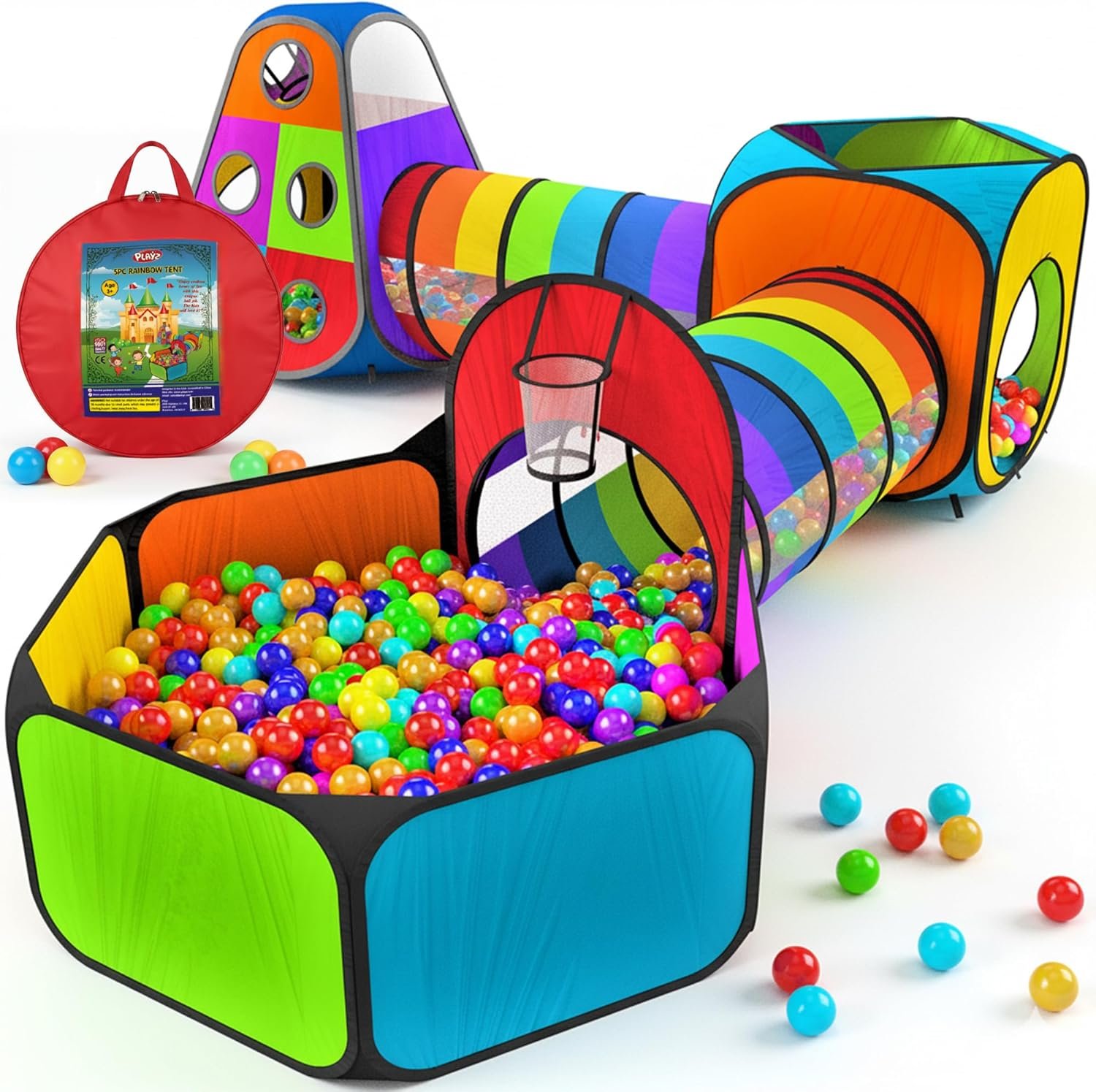 Playz 5pc Kids’ Play Tents & Tunnels – Ball Pit for Toddlers, Basketball Hoop, Crawling Tubes, Pop-Up Playhouses, Baby Obstacle Course for Indoor or Outdoor Use