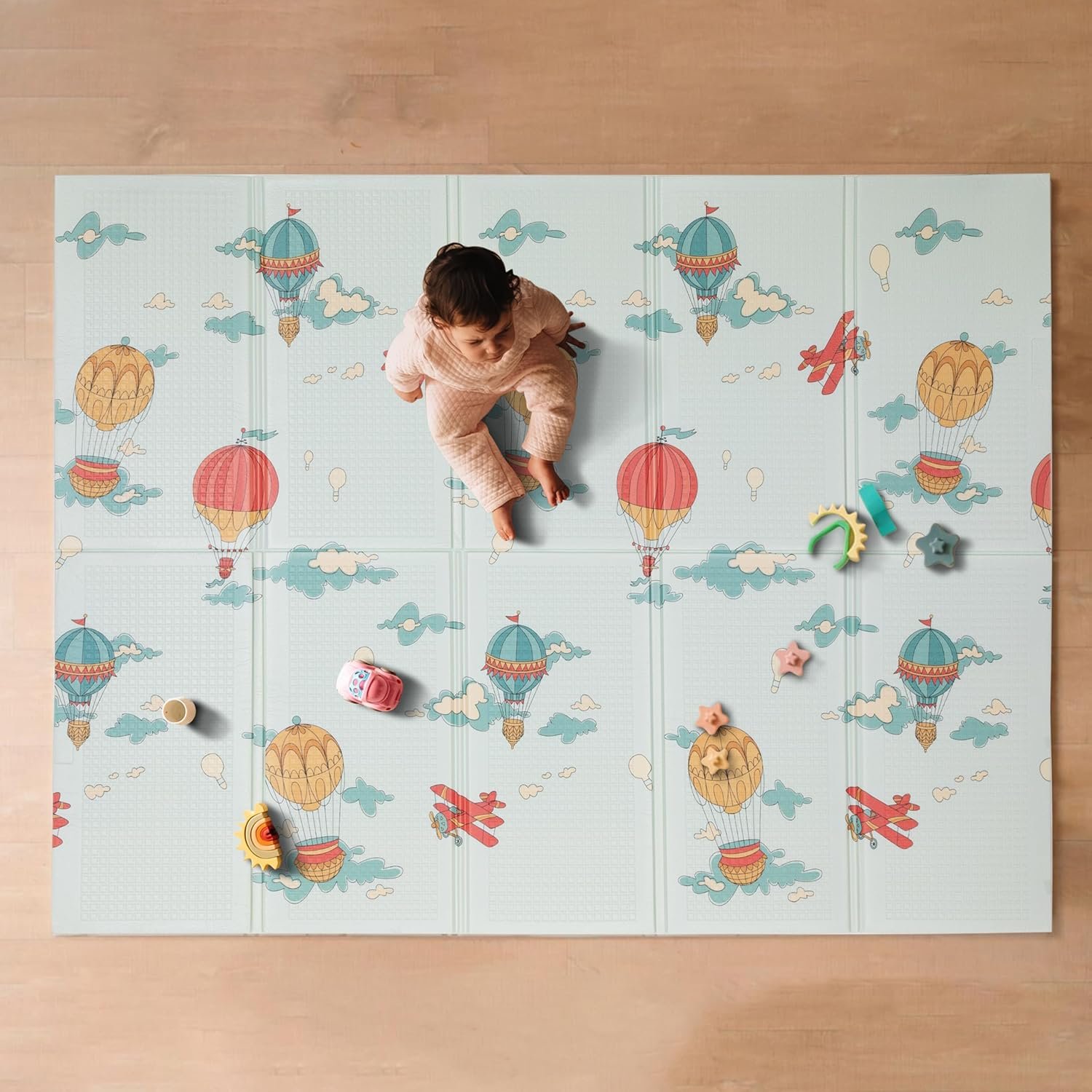 Nuby Reversible Baby Floor Mat – Foldable and Lightweight Foam Infant Play Mat – 77″ x 58″ – Easy Storage and Travel – Hot Air Balloons/Stripes