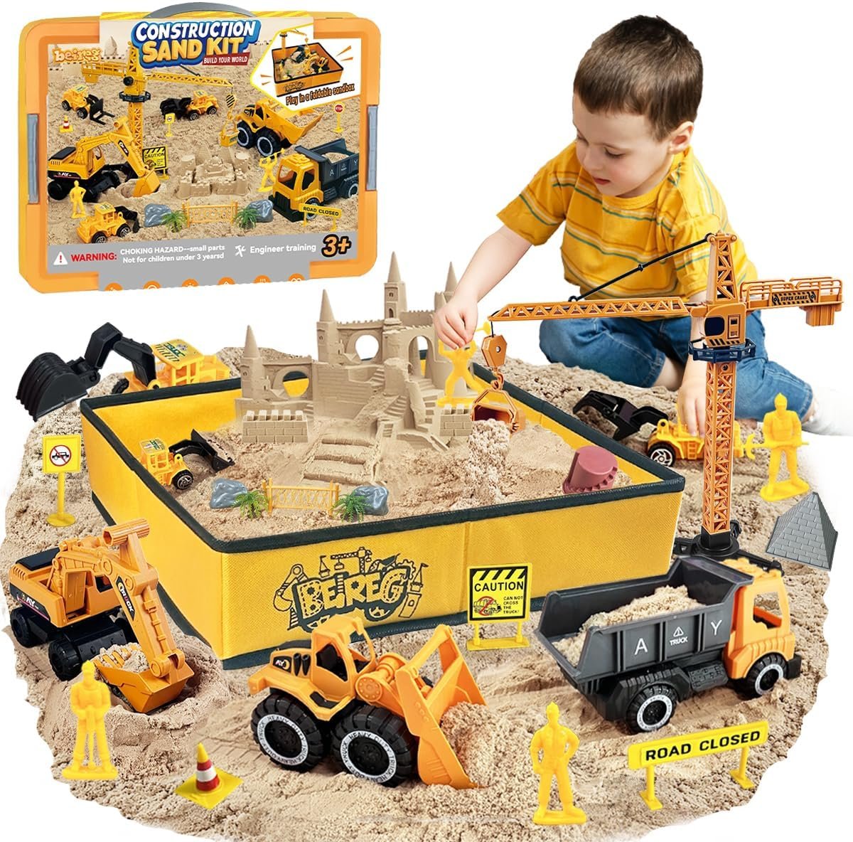 Construction Sensory Sand Kit – 42 PCS Building Set with 2lbs Magic Sand, 9 Construction Trucks, Foldable Roof Sandbox, Cranes, Road Signs & Tools | STEM Gift for Boys Ages 3-8