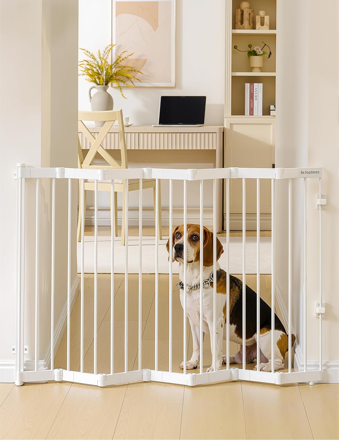 No Pawblems Retractable Safty Gate, Metal Adjustable Dog Gate for Doorways, Stairs & Hallways, Expands to 45″ Wide, Auto Retract Design, No Bottom Bar, White