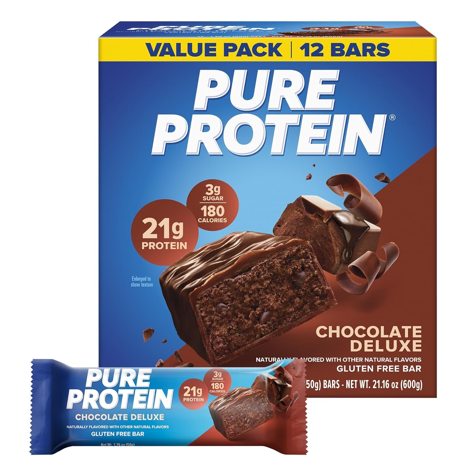 Pure Protein Chocolate Deluxe Protein Bars – 21g Protein, 3g Sugar, 190 Calories (12 count) Low Sugar* High Protein Snack – Gluten Free – Perfect for a Healthy Snack