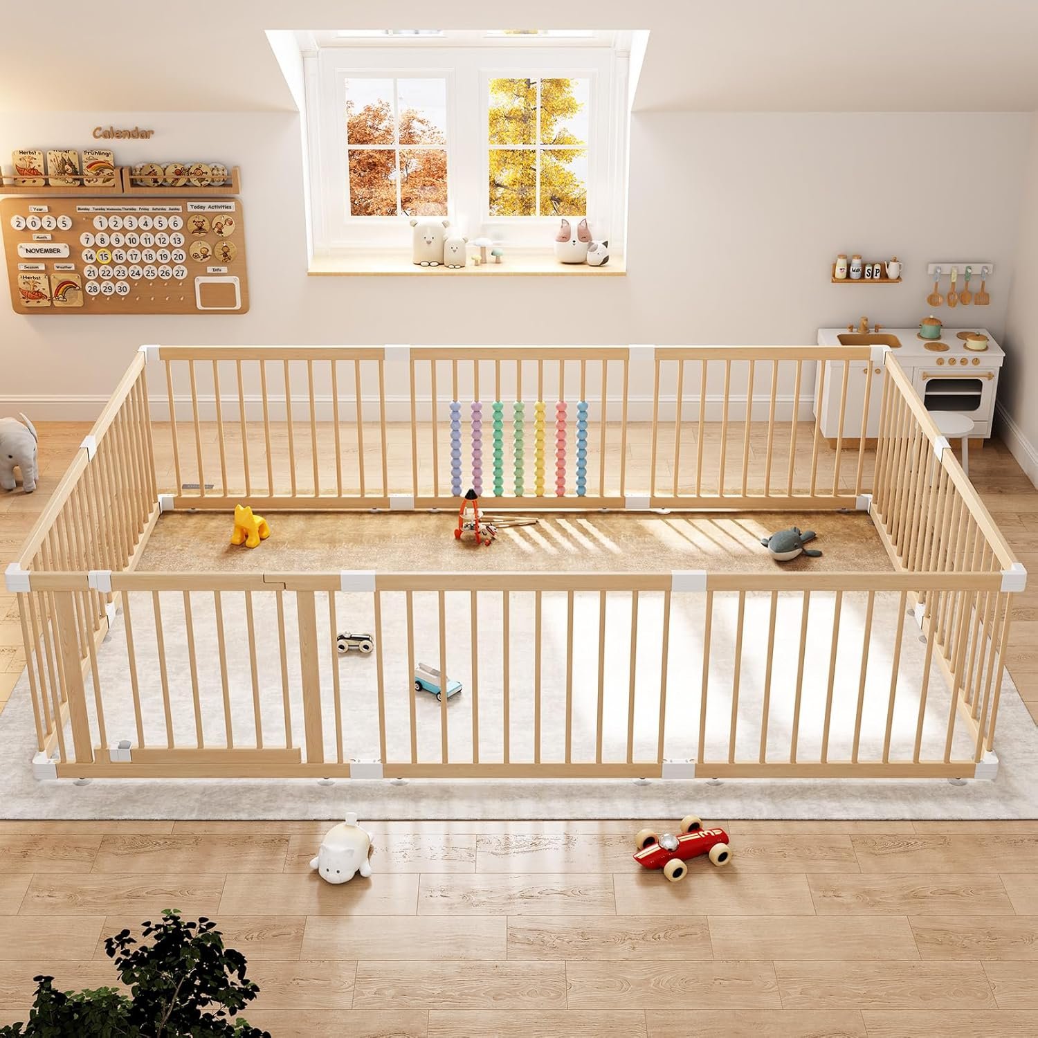 IKALIFE Extra Large Wooden Baby Playpen – Size Adjustable Fence for Babies and Toddlers, Baby Play Yard with Locking Gate, Indoor Play Pen for Kids Activity Center 10 Panels 94.5”×63.5”