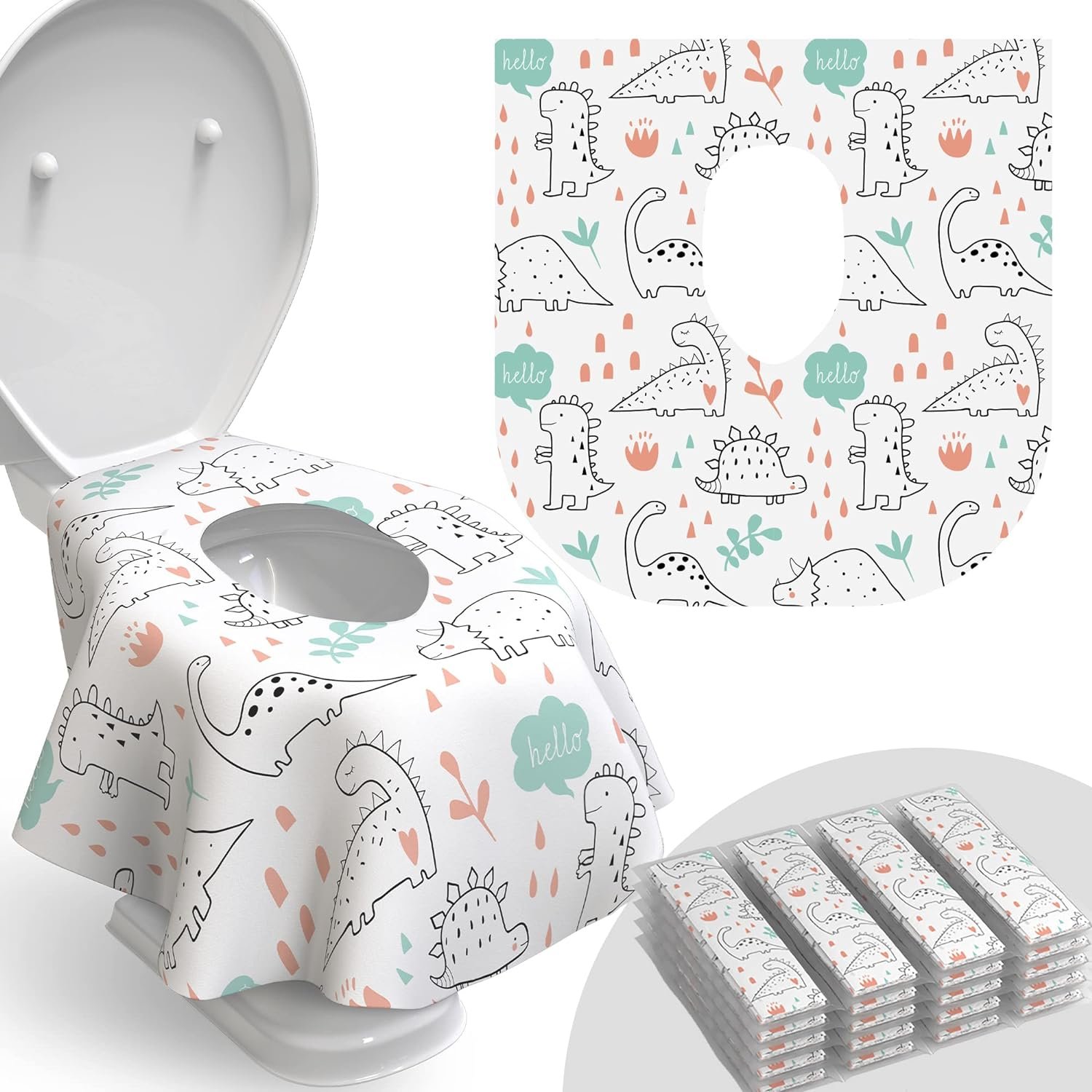 Relyo Disposable Toilet Seat Cover for Travel – 20 Pack with Covers Wrapped in Sets of 2, Non-Flushable Liners, Fits Most Seats – Kids, Toddlers, Adults (Dinosaurs, 20)