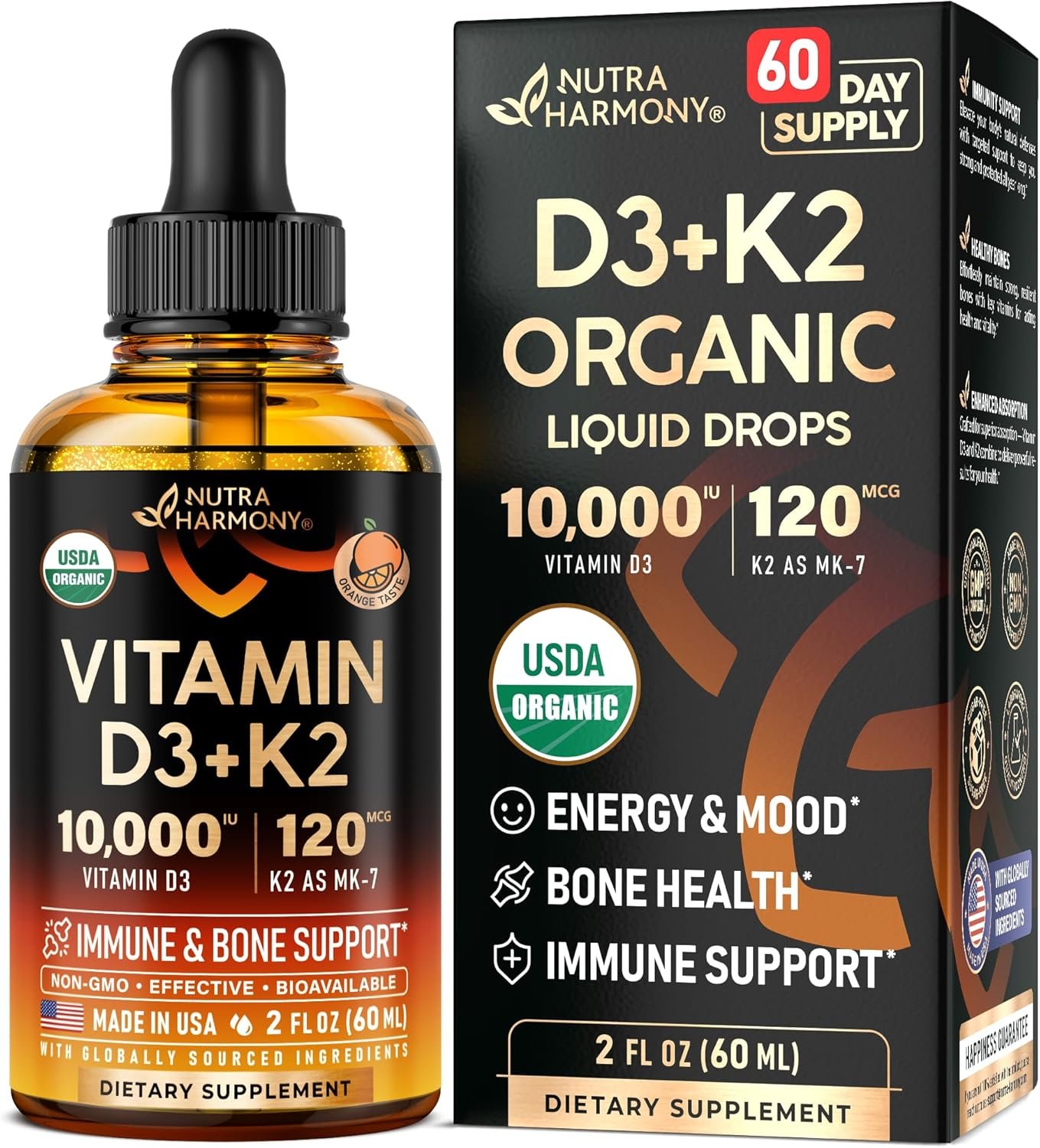 Vitamin D3 K2 USDA Organic Drops – Vitamin D3 10000 IU & K2 as MK-7 120mcg – Immune & Mood Support, Bone & Teeth Health – Sugar-Free, Orange Flavor – Liquid Supplement – 2 FL OZ, 60 Day Supply