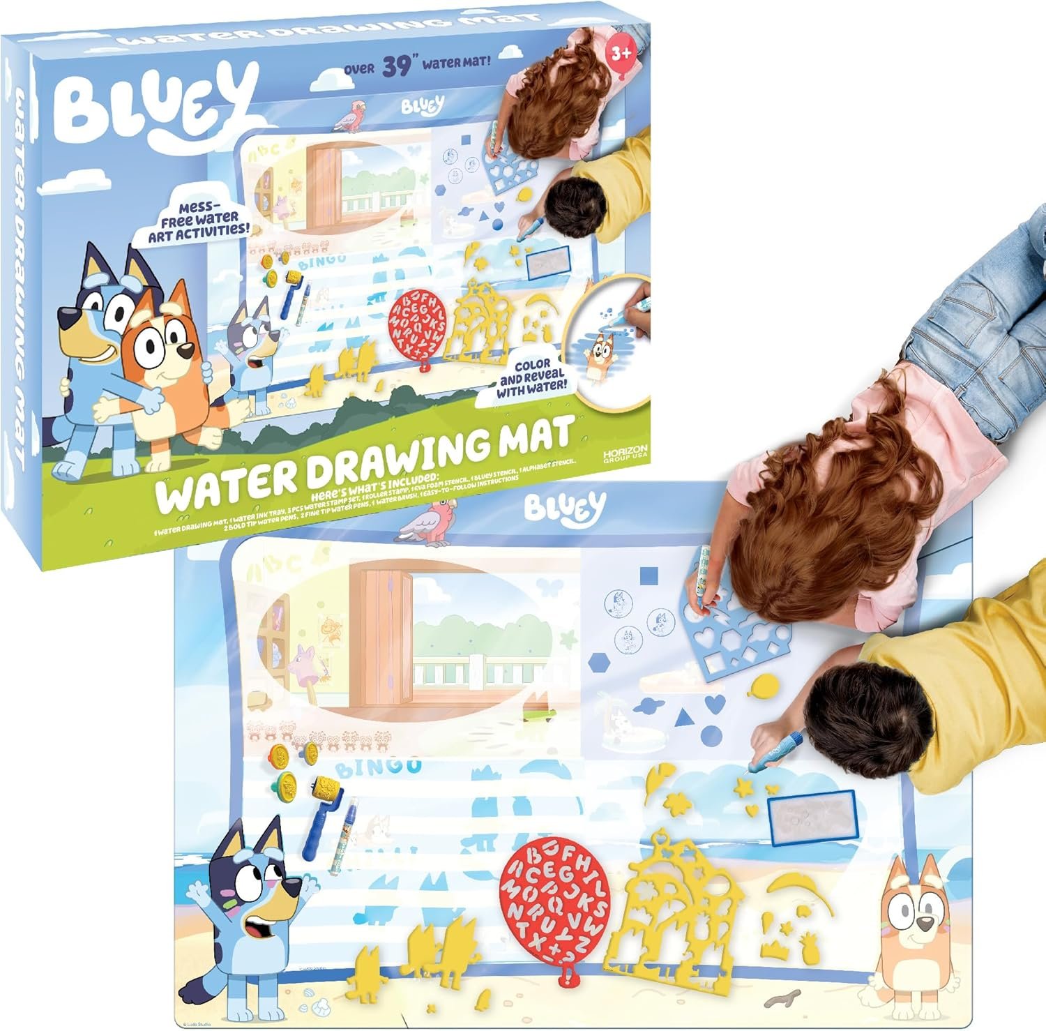 Bluey Water Drawing Mat – Mess-Free Water Art with Stamps, Stencils, and Reusable Accessories for Toddlers