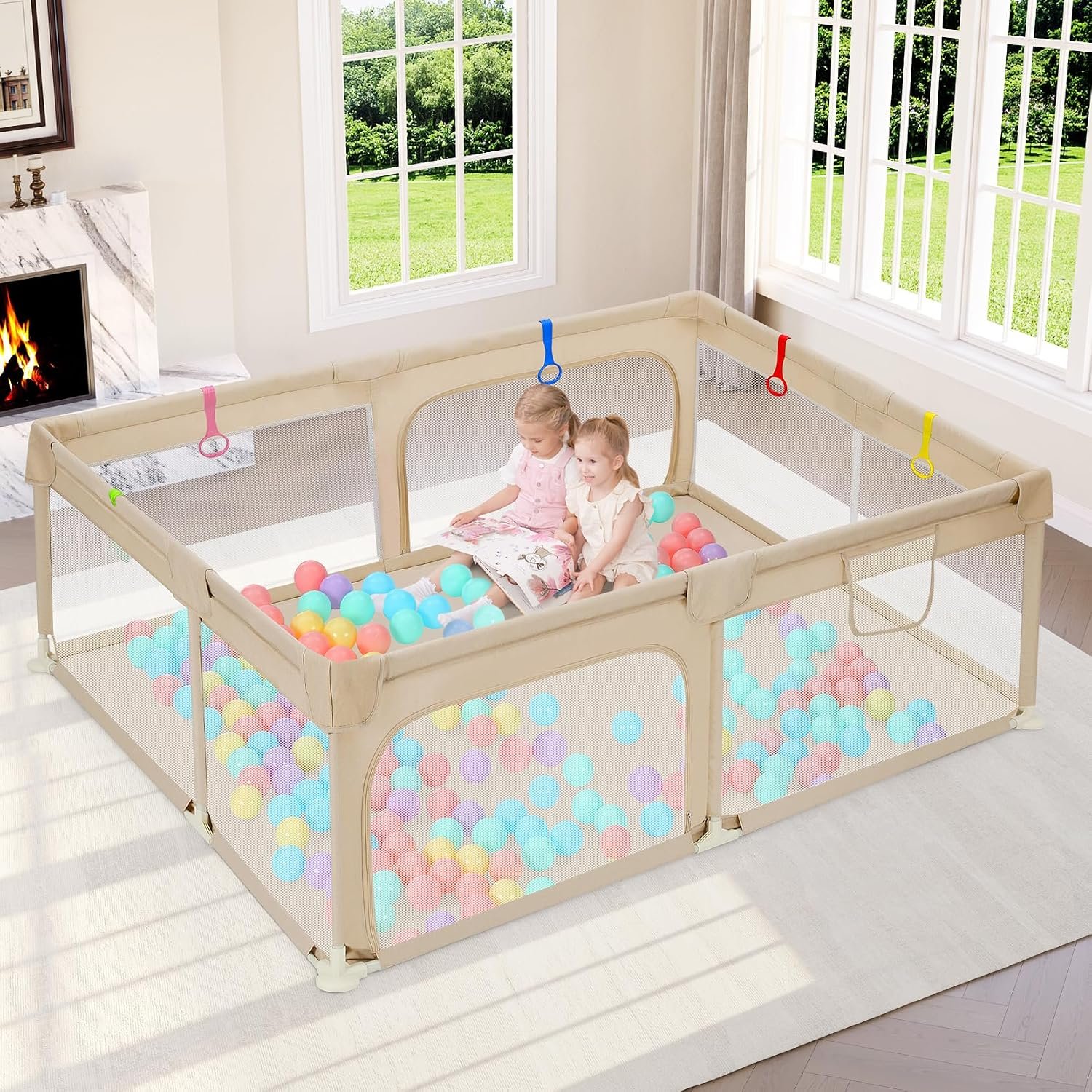 Dripex Large Baby Playpen 71″x47″, Big Play Pens for Babies and Toddlers- Indoor & Outdoor Kids Safe Play Area, Soft Breathable Visible Mesh, Anti-Fall & Anti-Slip Design Baby Fence, Beige