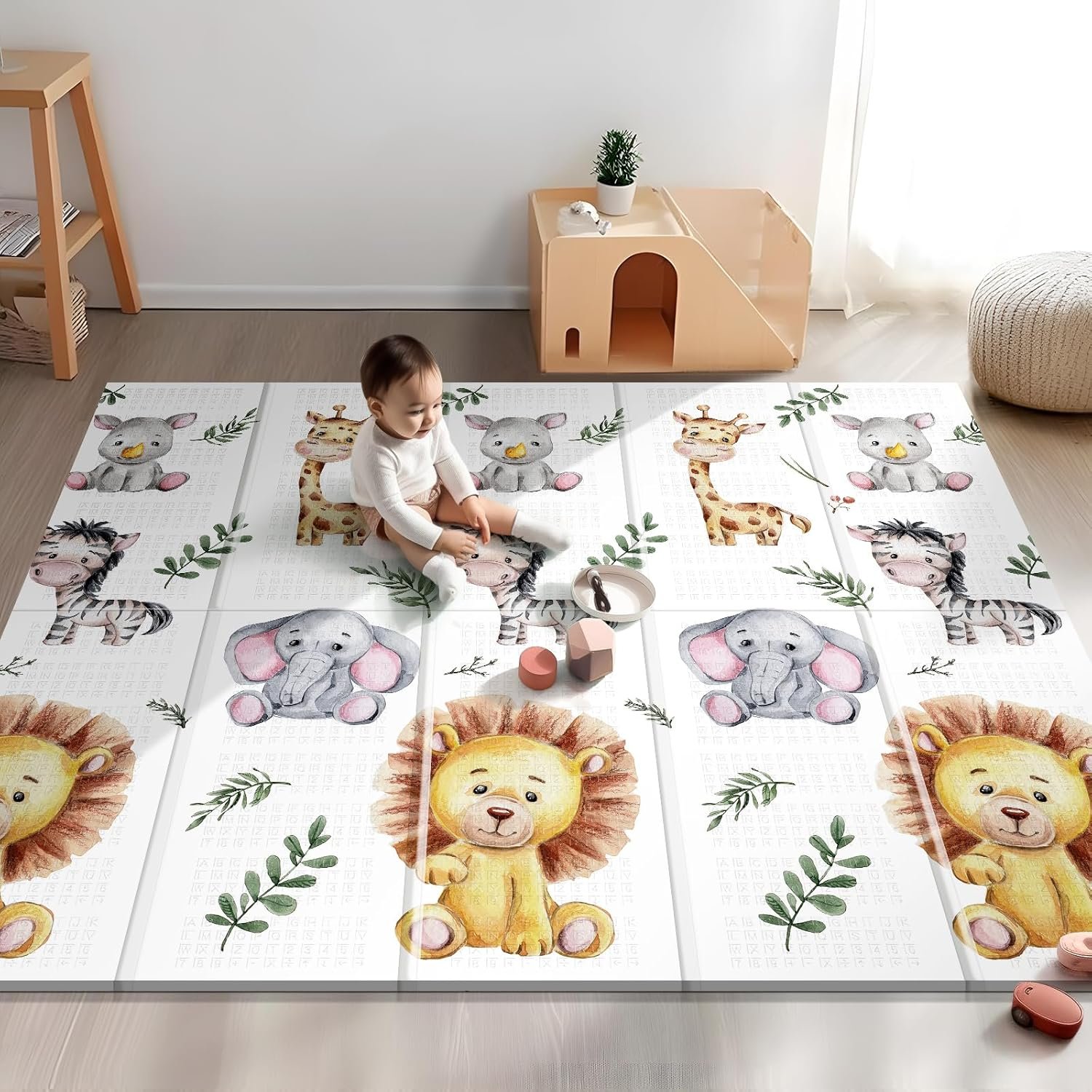 NOONKTY 79×71 Extra Large Baby Play Mat for Floor, Foldable Foam Playmat for Babies 0-12 Months & Kids, Non-Toxic Waterproof Baby Mat for Floor, Thick Playpen Mat for Tummy Time Crawling, Lion