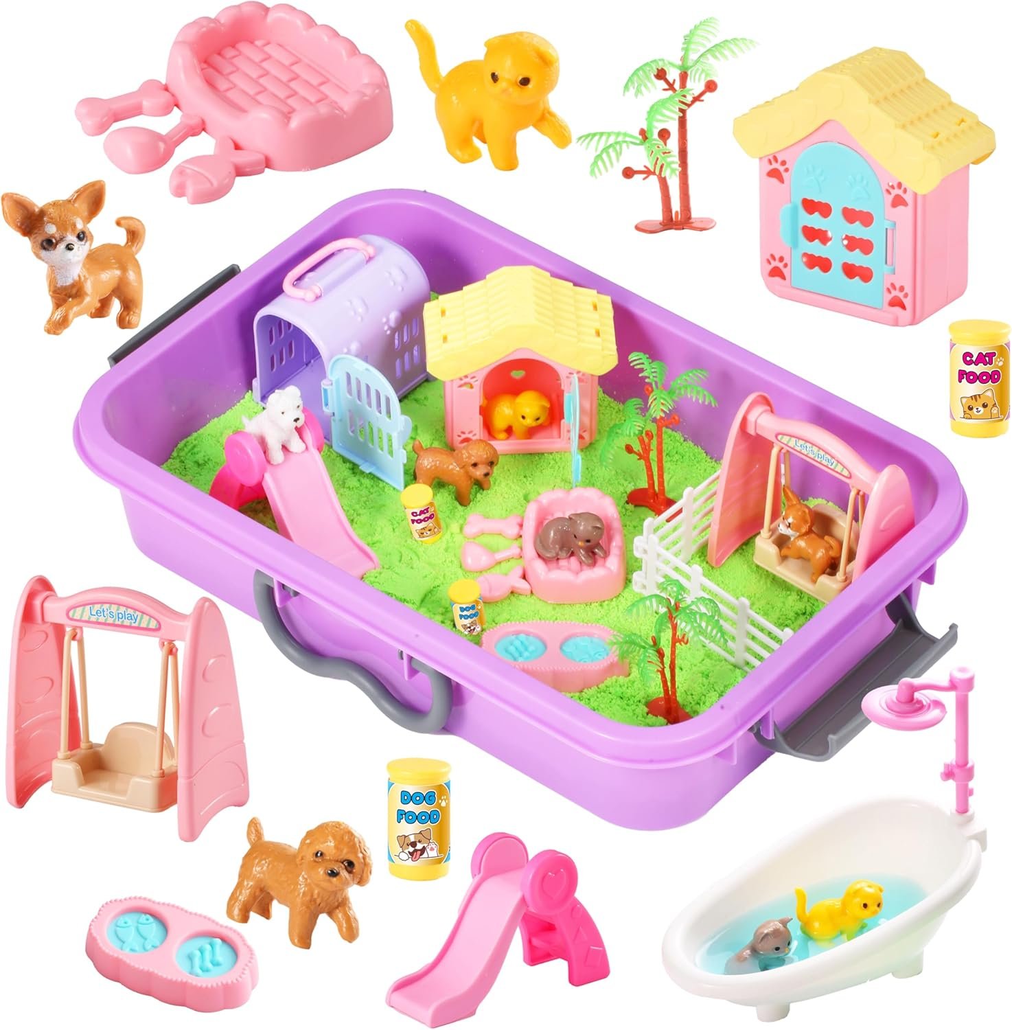 Carolart Pet Sensory bin,Dog and Cat Sandbox for Kids,Kids Play Sand Kit,Pet Play Set with Sensory Sand,Pet Care Play Set,Role Pretend Play Beach Toy Birthday Gift for Girls Boys 3 4 5 6 Years Old