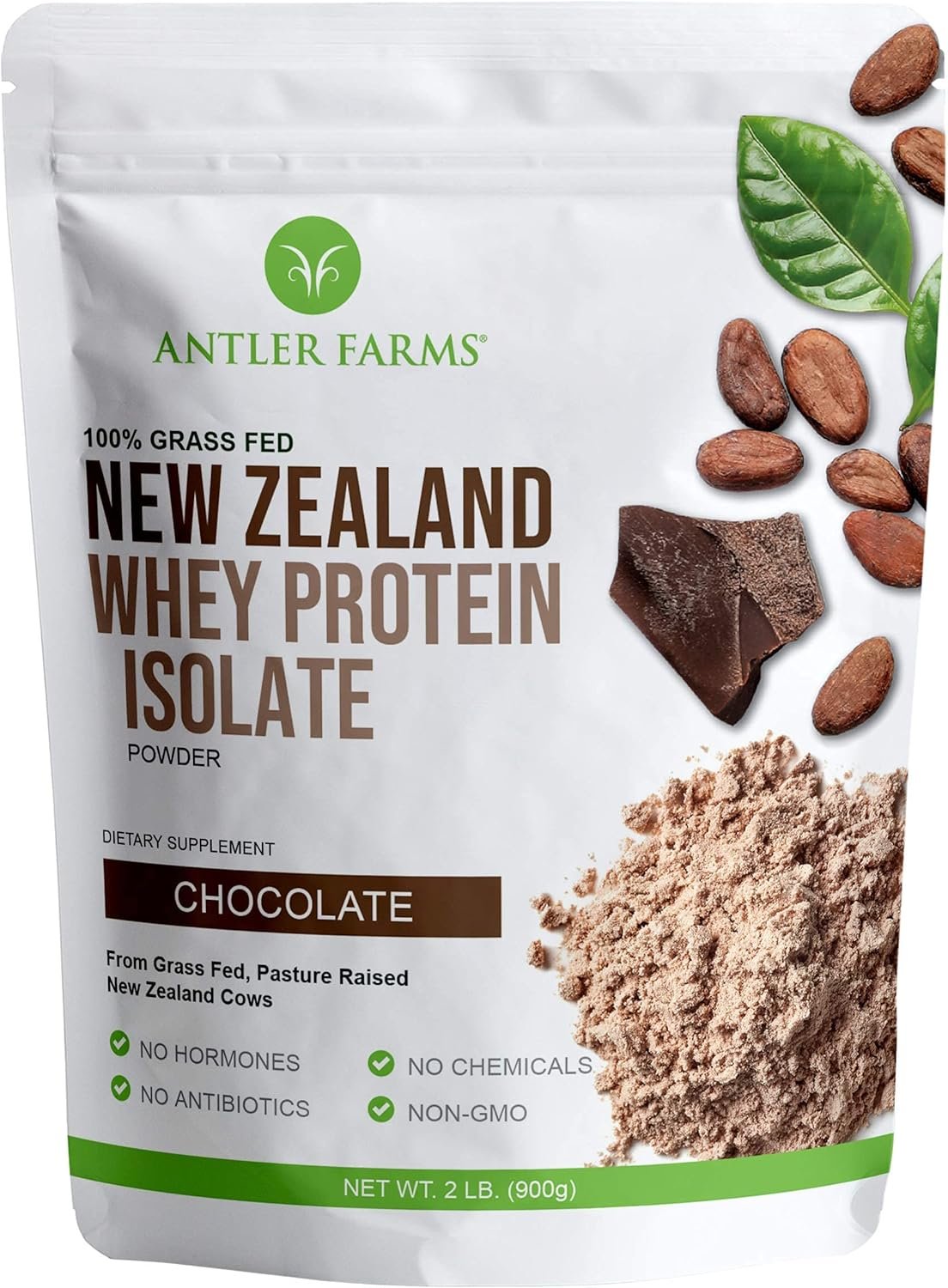 Antler Farms – 100% Grass Fed New Zealand Whey Protein Isolate, Chocolate Flavor, 2 lbs – Pure and Clean, 4 Ingredients, Delicious, Cold Processed