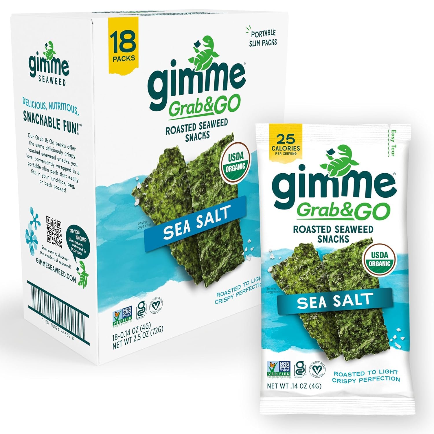 Gimme Seaweed Grab & Go Organic Premium Roasted Seaweed Snacks, Sea Salt, 18 Count Trayless, Keto, Vegan, Gluten-Free, Great Source of Omega3s and Iodine, Healthy On-The-Go Snack for Kids and Adults