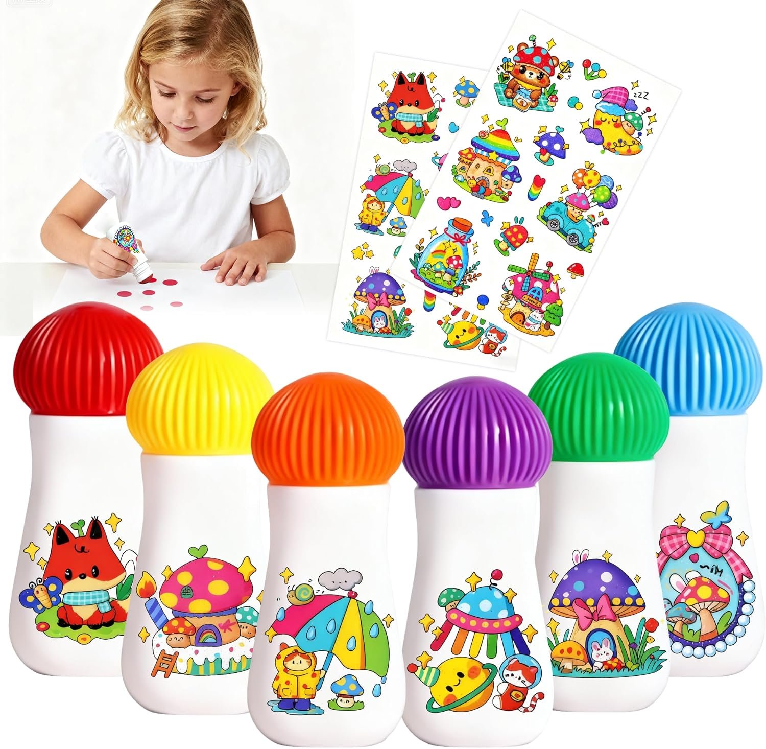 NewFamily DIY Washable Dot Markers for Toddlers 1-3, 6-Pack Mushroom Bingo Daubers with PDF Activity Pages and Stickers, Mess-Free Dot Paint for Kids