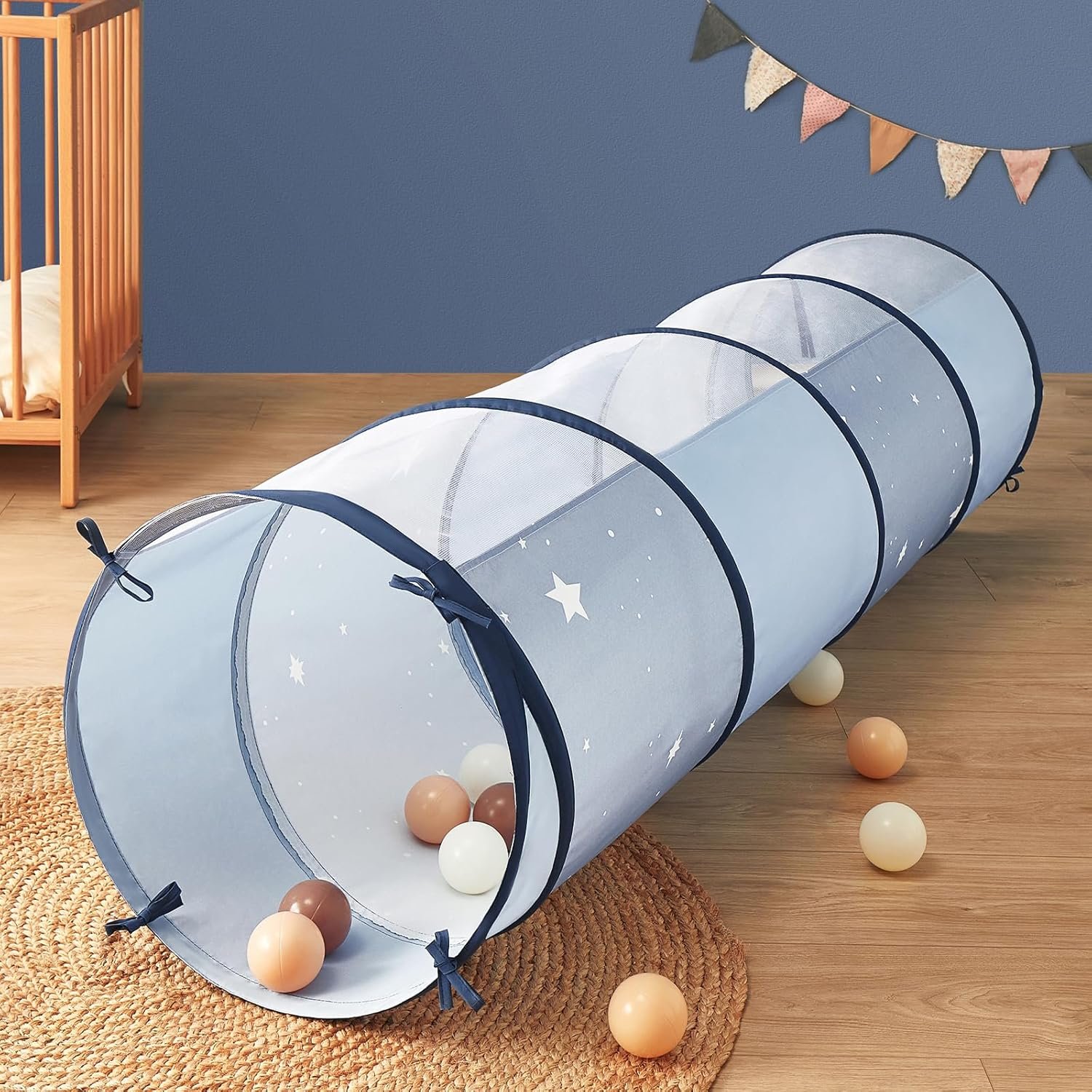Tiny Land Kids Play Tunnel Tent for Toddlers, 69″ x 18″ Foldable Crawl Toys for Baby, Indoor & Outdoor Pop Up Dog Tunnel with Breathable Mesh (Blue)