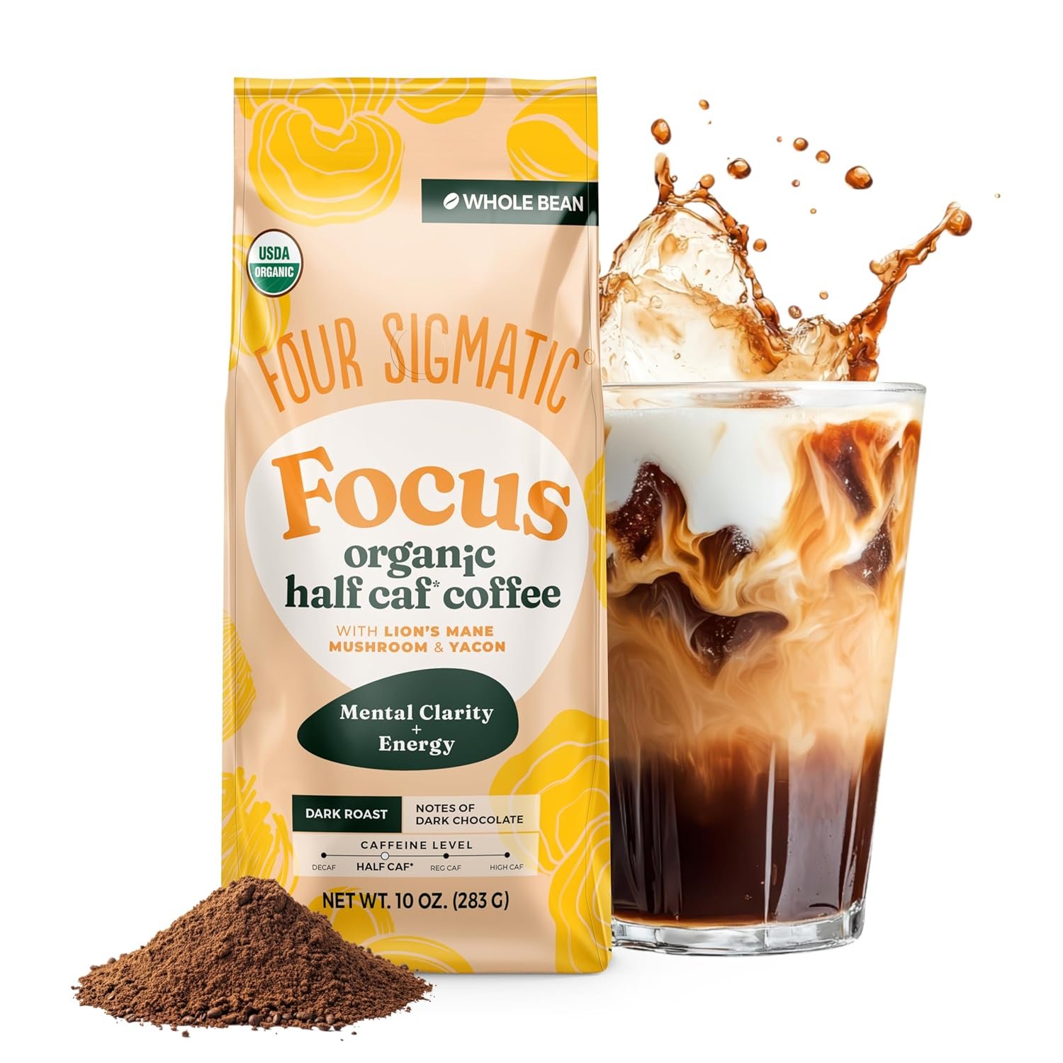 Four Sigmatic Organic Half Caf Whole Bean Coffee with Lion’s Mane Mushroom & Yacon | Swiss Water Decaf Blend | Arabica Beans | Dark Roast | Gut Friendly | Focus & Energy Support | 10 oz Bag
