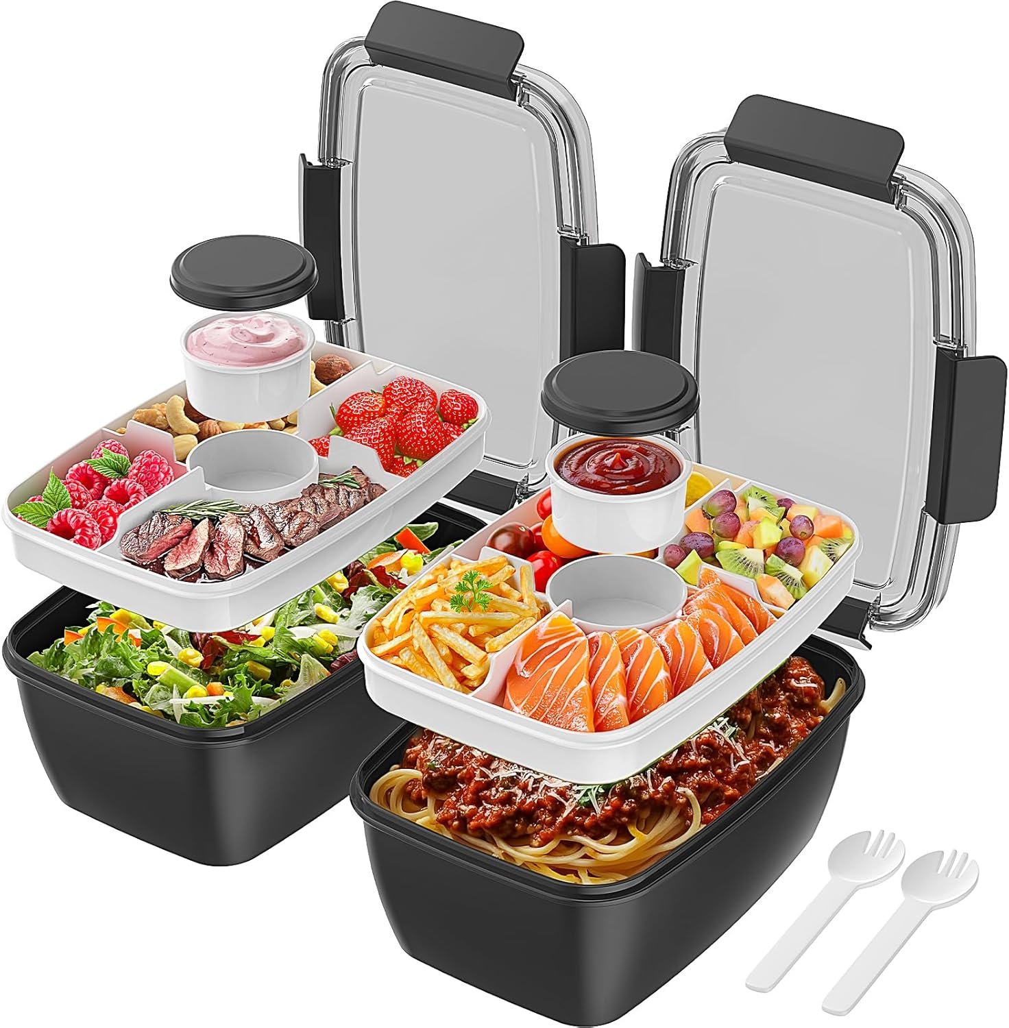 Cherrysea 2Pack Salad Lunch Container, 68oz Salad Bowls with 4 Compartments Tray,Leak Proof Lunch Box with Fork for Men,Women BPA-Free Snack Container with Sauce Container for Dressings – Black