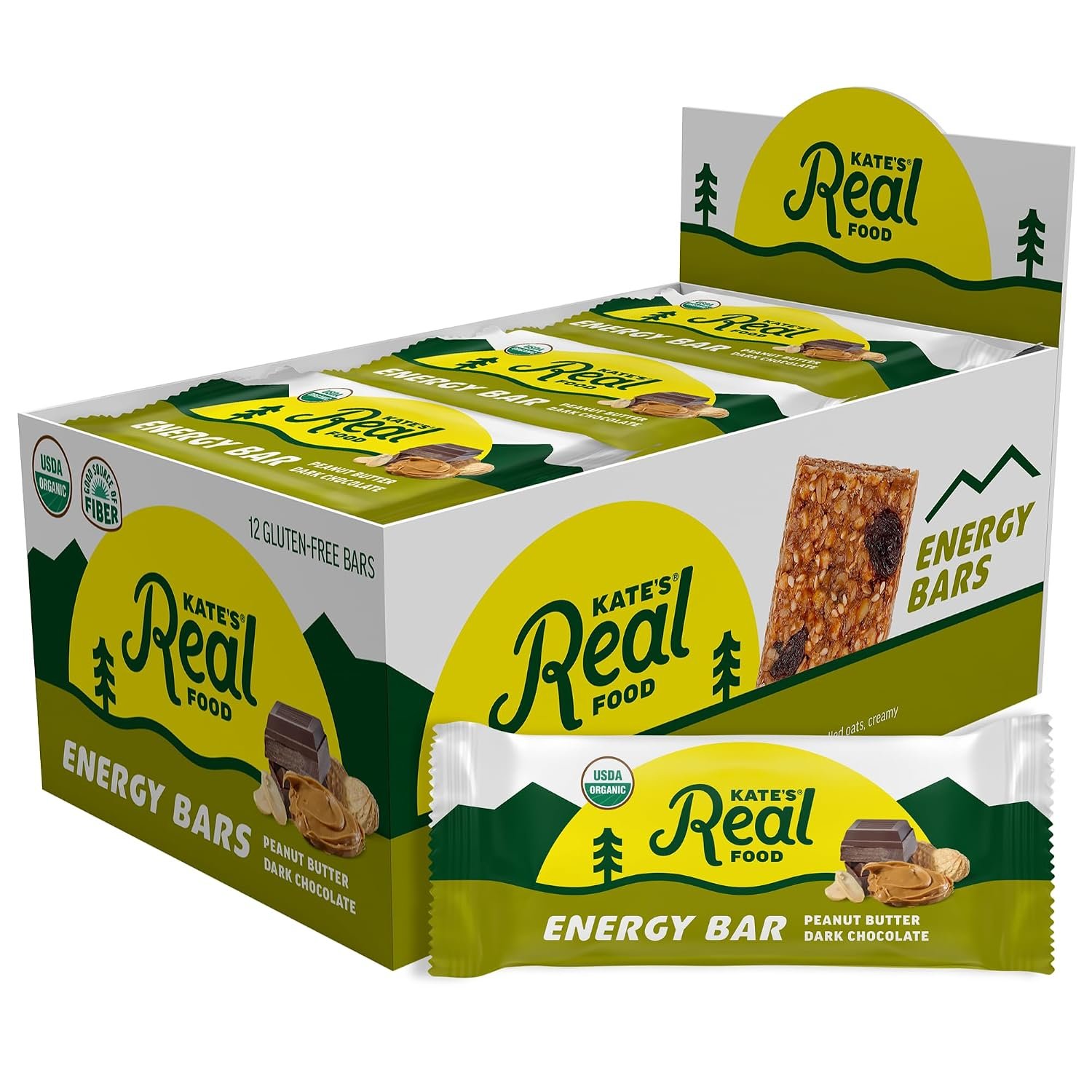 Kate’s Real Food Organic Energy Bars, Non-GMO, All-Natural Ingredients, Gluten-Free and Soy-Free Healthy Snack with Natural Flavors, Peanut Butter and Dark Chocolate (Pack of 12)