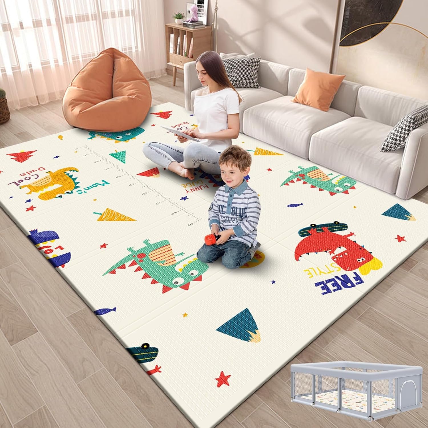 Fshibila 74″ × 50“ Baby Play Mat for Floor, Baby Playmat for Playpen, Thick Ultra Soft Playpen Mat for Playing or Crawling, Provides Cushioning, Double-Sided Pattern (0.4″ Thick)