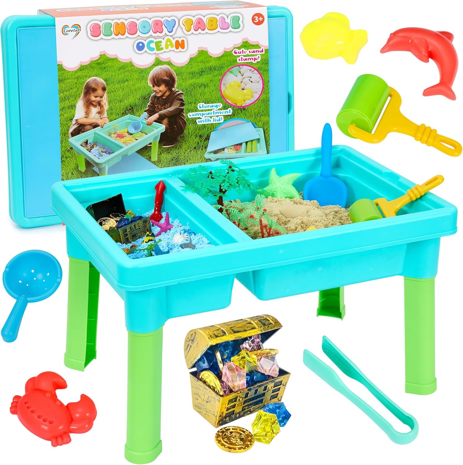 Carolart Ocean Sensory Table with Sands, Bin with Lid, Indoor Outdoor Use, Sand Art Kit for Boys and Girls, Toys for Toddlers Age 3-5, 17×11.5×10.2 Inches
