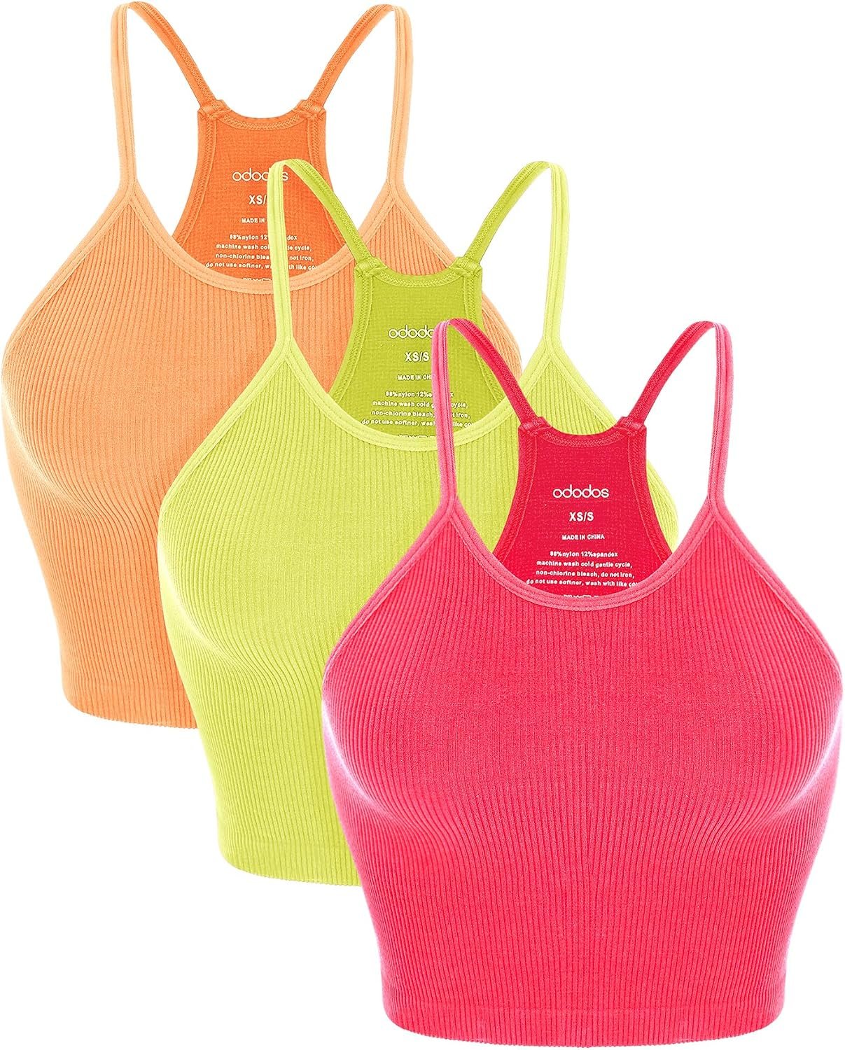 ODODOS Women’s Crop 3-Pack Seamless Rib-Knit Camisole Crop Tank Tops