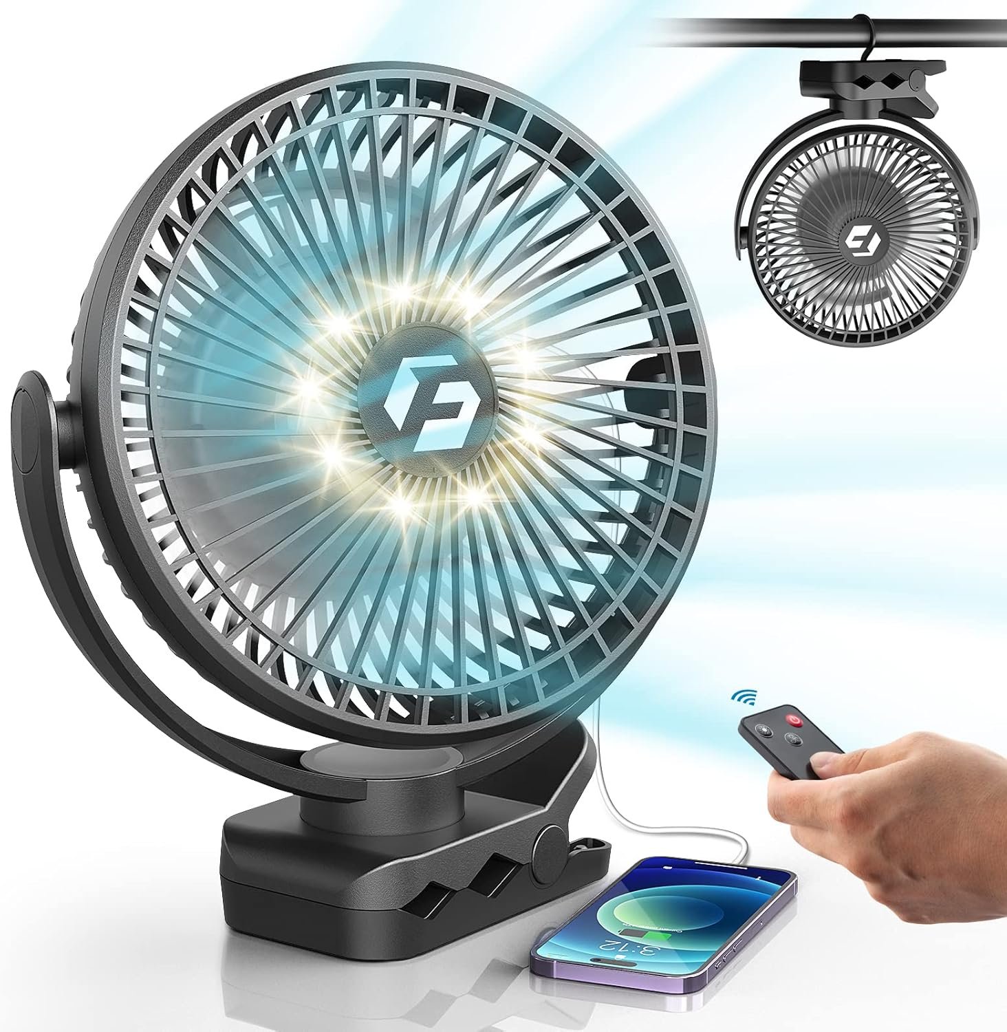 Korbot 8-inch Clip on Fan – 20000mAh Portable Fan Battery Rechargeable with 3 Speeds and Strong Airflow, USB Fan Small Desk Fan Personal Quiet Fan for Office, Stroller, Bedroom, Camping, Gifts for Men