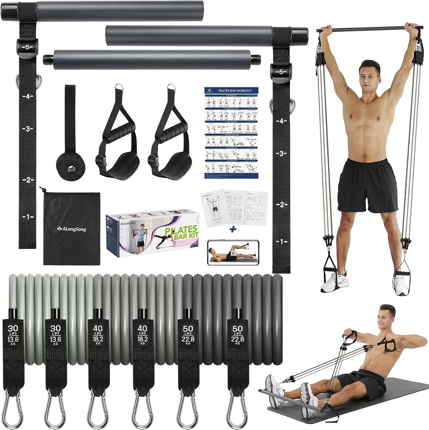 Upgraded Pilates Bar Kit with Resistance Bands Natural Latex for Women & Men, Heavy-Duty Stainless Steel Multifunctional Yoga Pilates Stick for Home Gym Exercise Fitness Equipment Full-Body Workouts