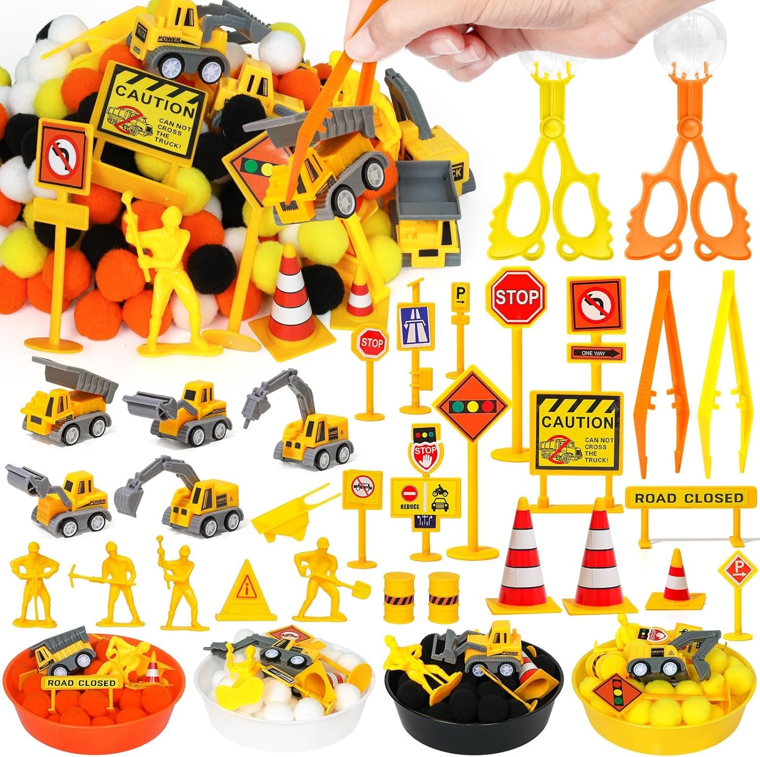 135 Pcs Construction Sensory Bin Items Construction Counting Sorting Sensory Bin Filler Fine Motor 5 Vehicles 14 Road Signs 4 Worker Figures Counts for Easter Day Spring Summer Sorting Counting Decor